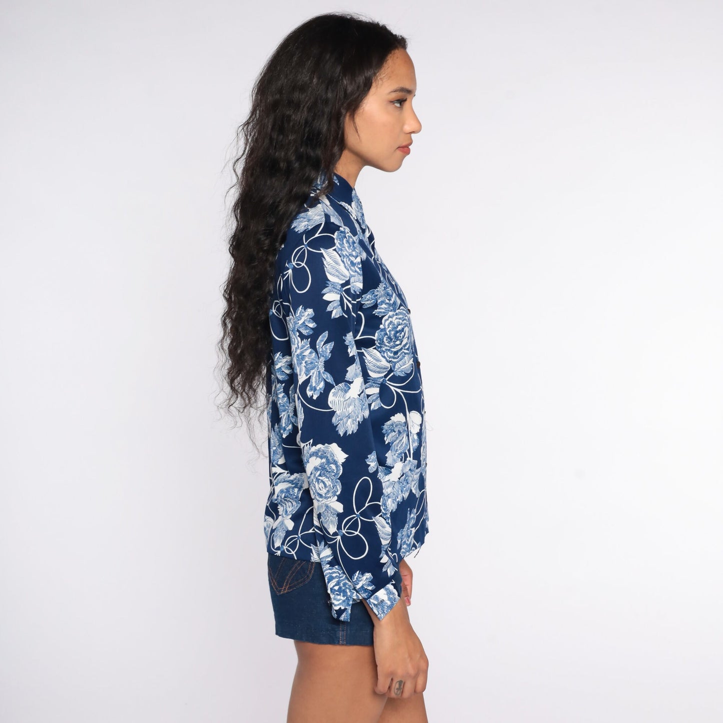 70s Blue Floral Button-Up Shirt Long Sleeve Disco Blouse Small S