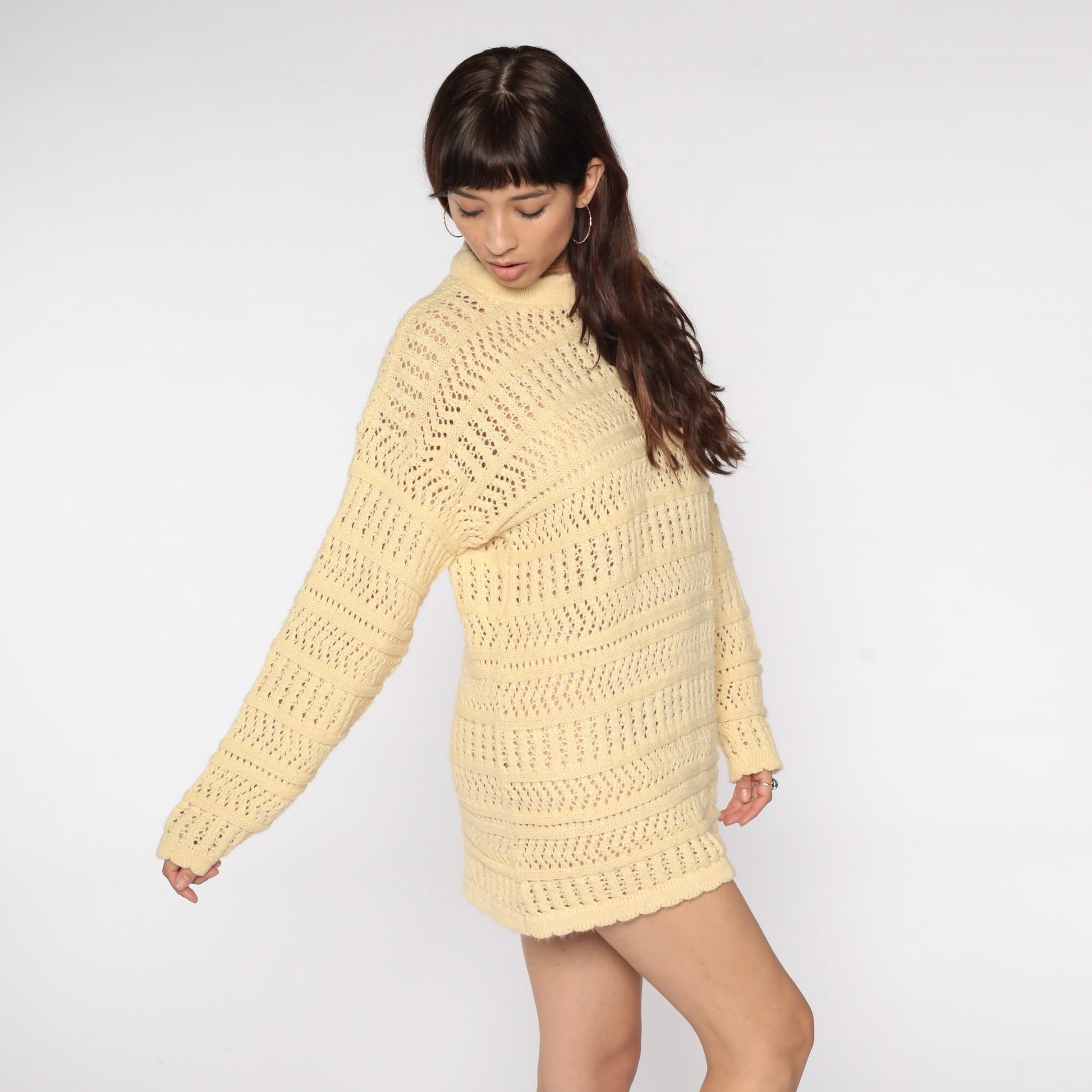 80s Yellow Metallic Knit Sweater Sheer Cutout Pullover Large