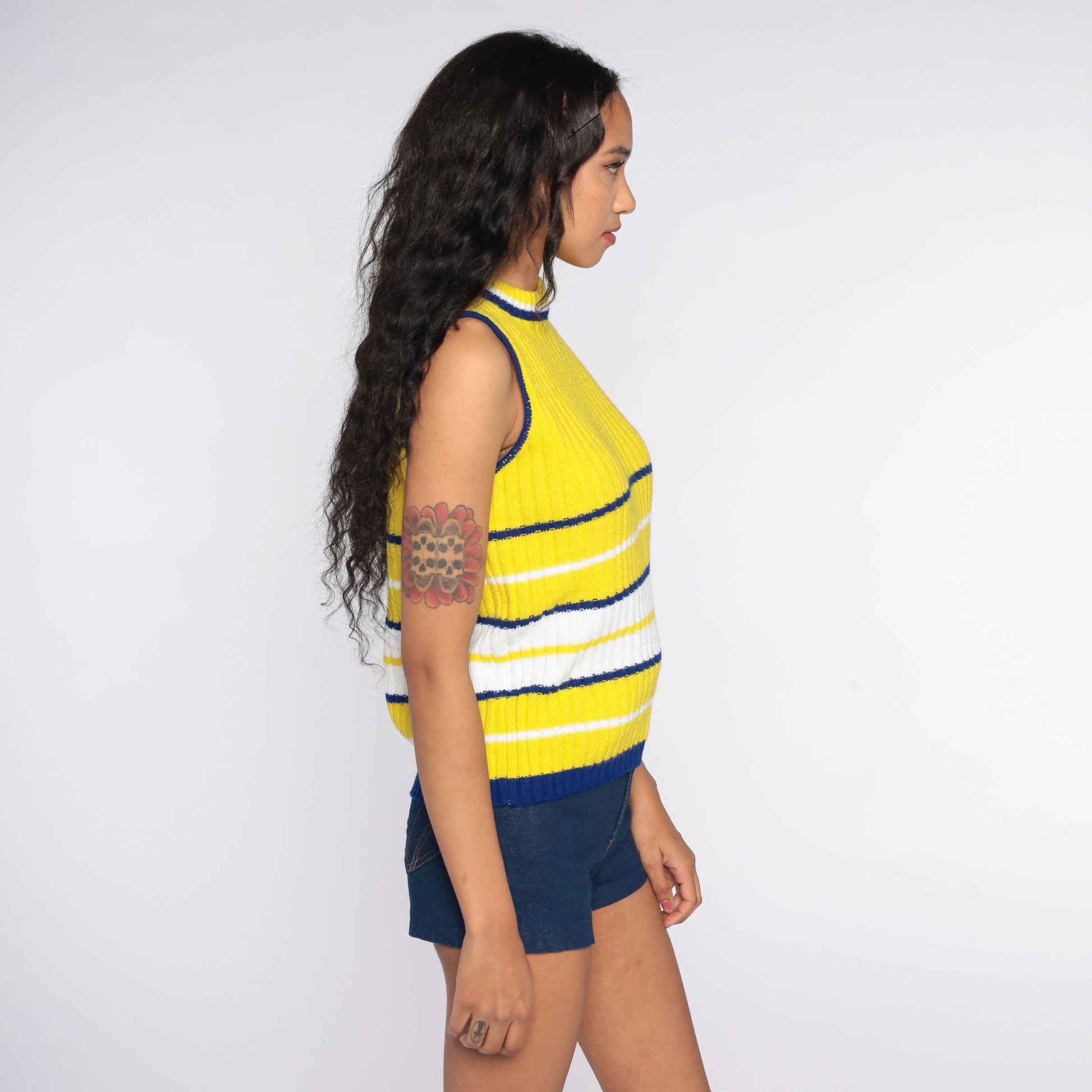 70s Yellow Striped Knit Tank Top Sleeveless Sweater Vest Medium