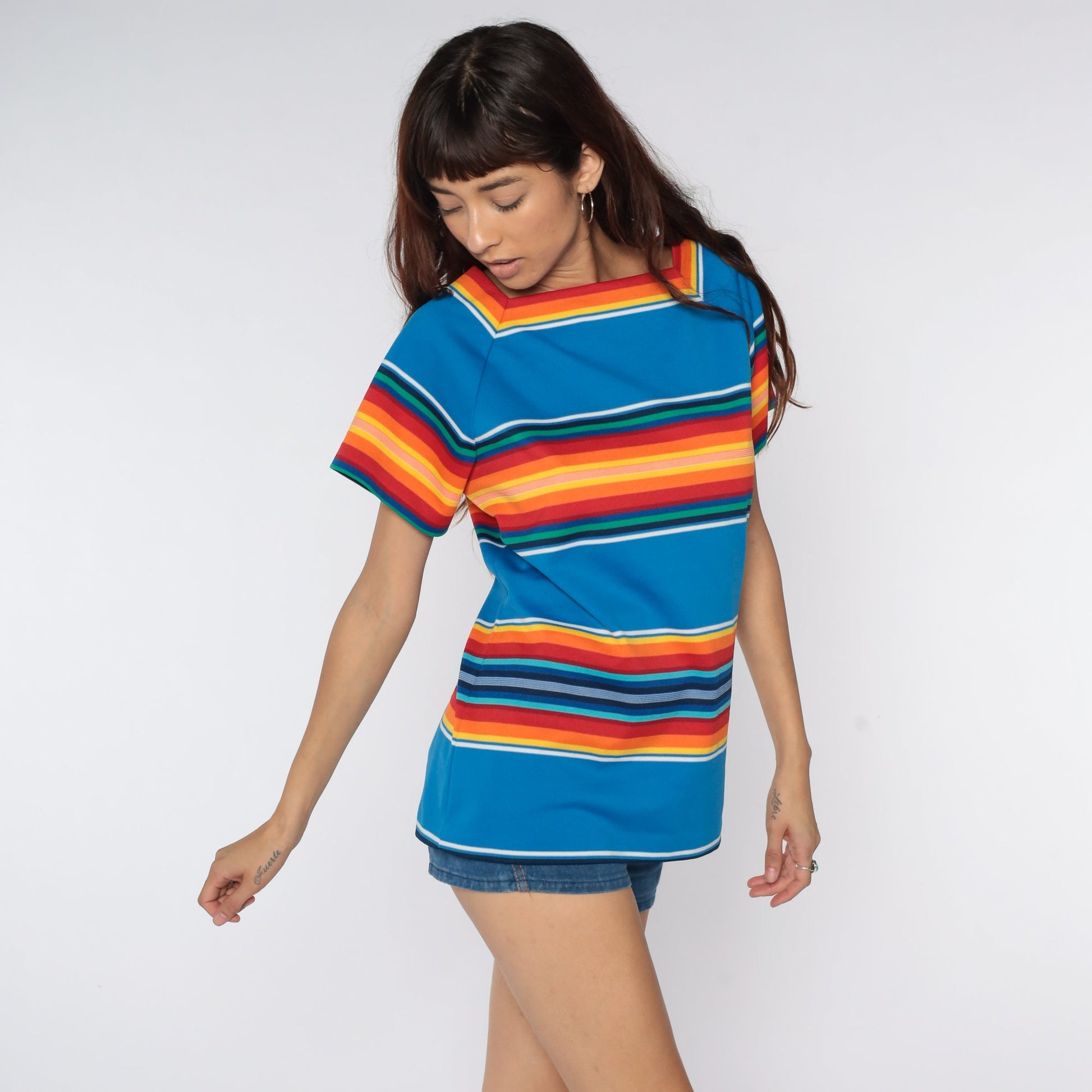 70s Rainbow Striped Raglan Blouse Polyester Knit Top Medium Large