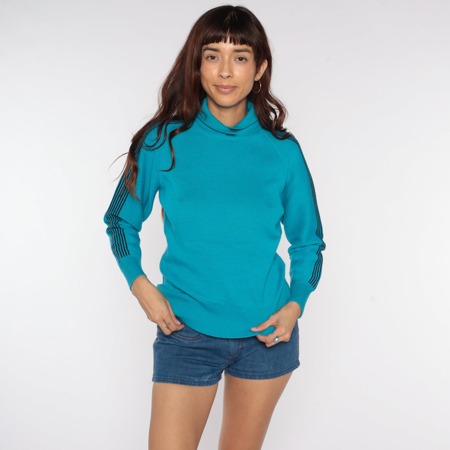 80s Blue Striped Wool Raglan Sweater Knit Pullover Small Medium