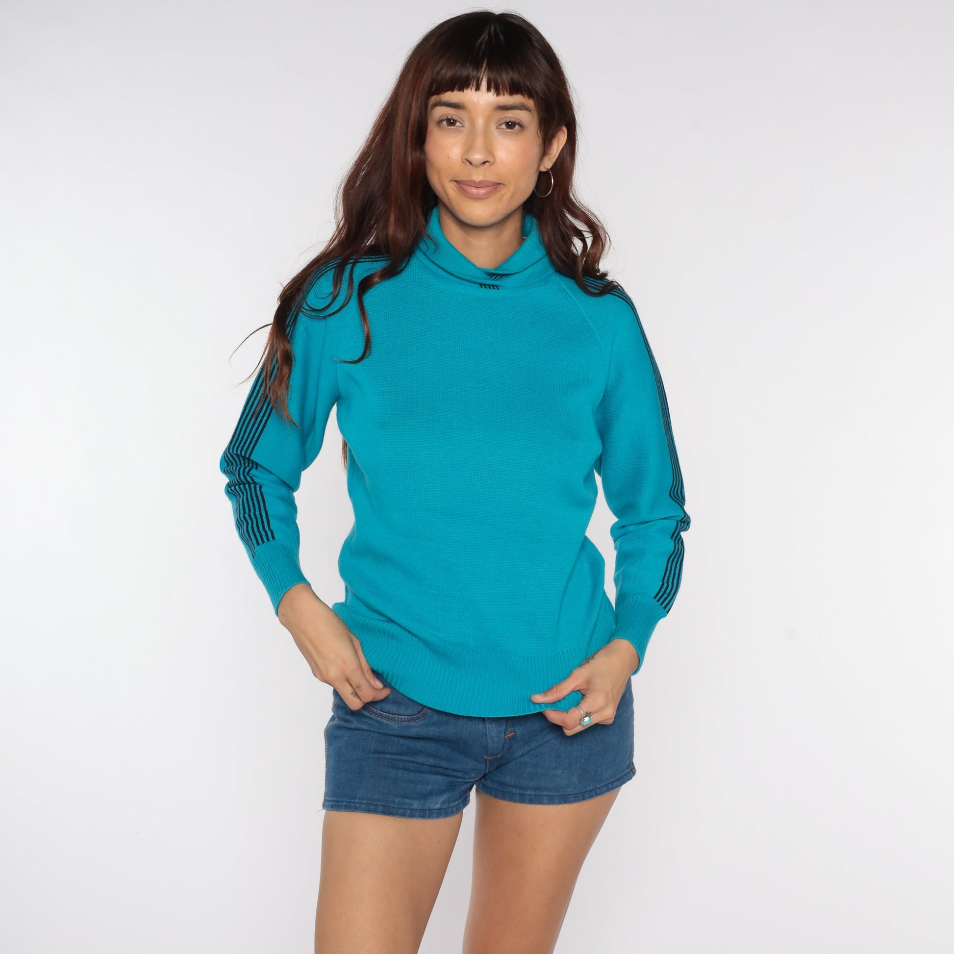 80s Blue Striped Wool Raglan Sweater Knit Pullover Small Medium