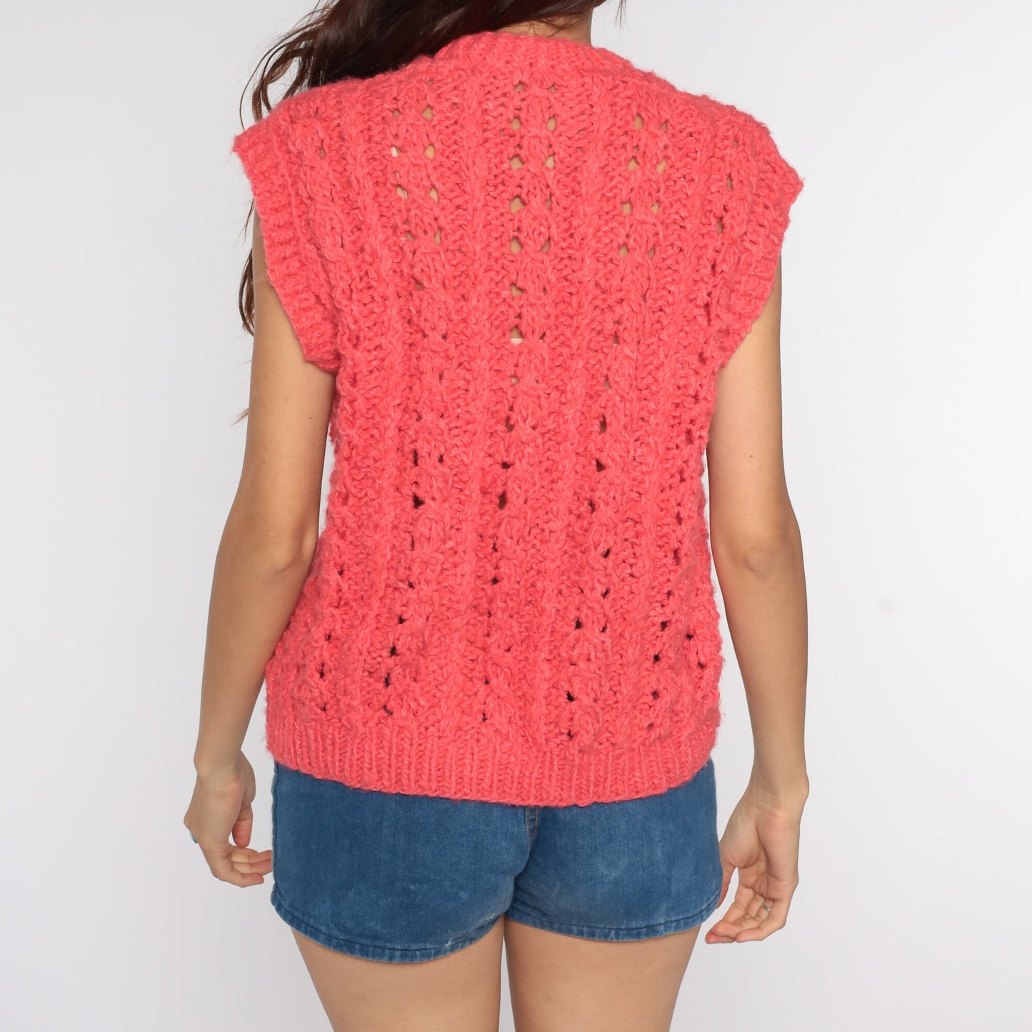 80s Pink Sheer Knit Vest Cap Sleeve V-Neck Sweater Top Large L