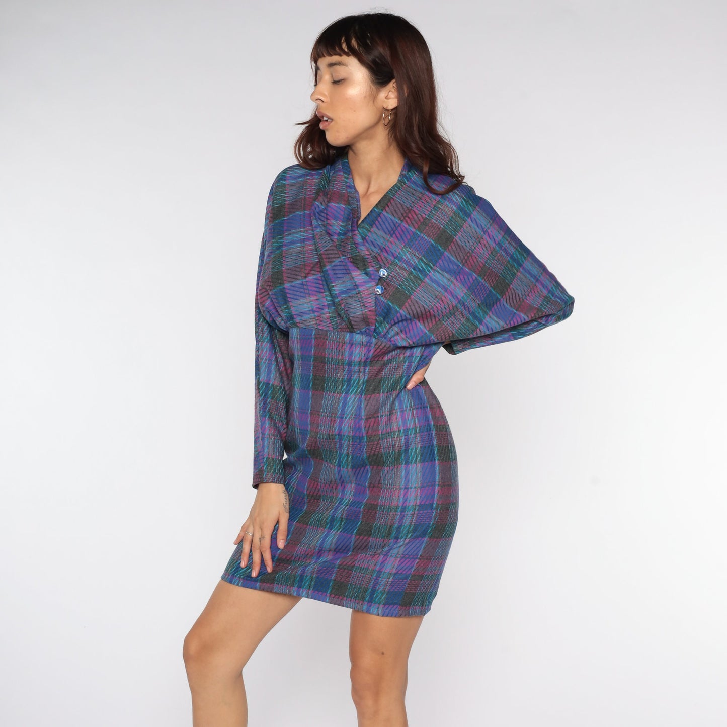 1970s Purple Plaid Mini Dress V-Neck Dolman Sleeve Pencil Skirt Medium