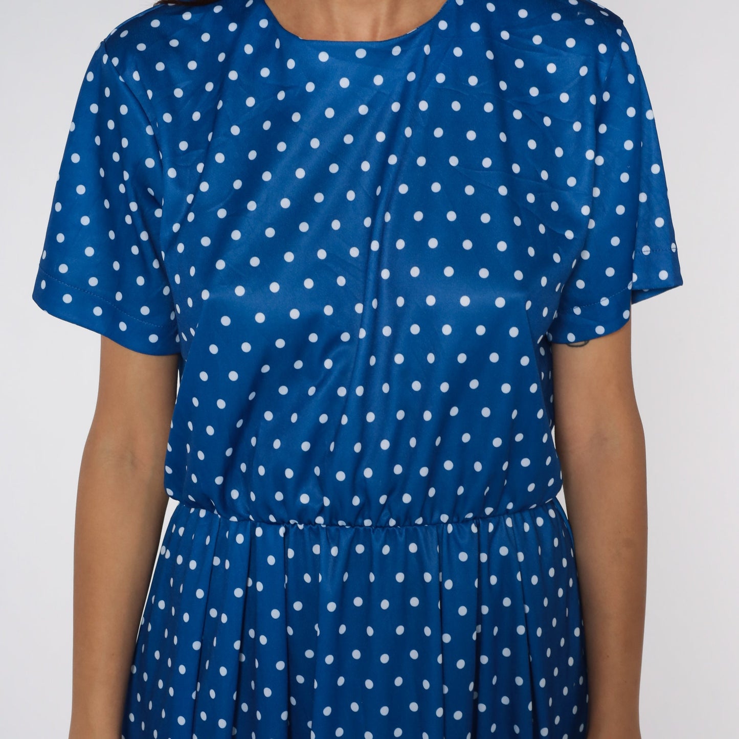 Y2K Blue Polka Dot Midi Dress High Waisted Short Sleeve Flared Large L