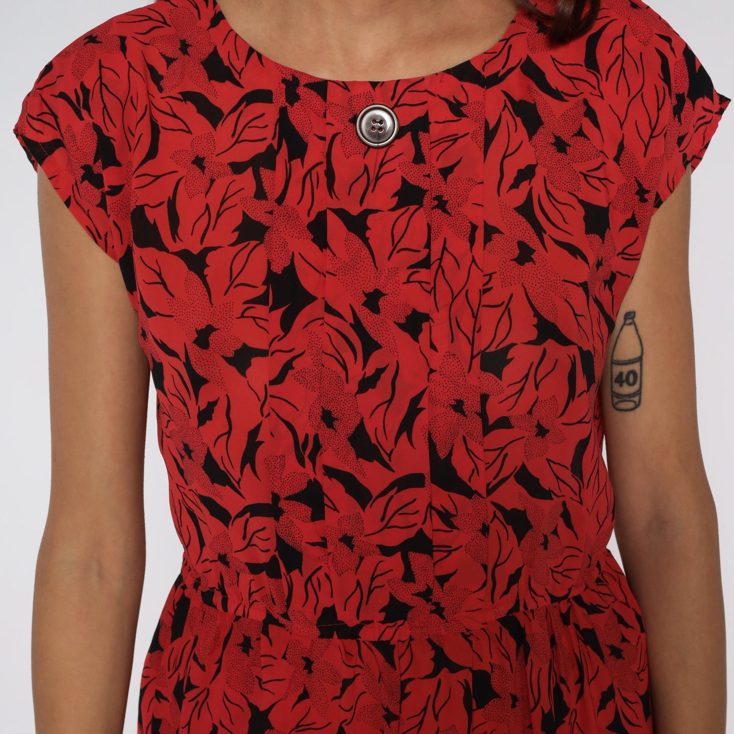 80s Floral Midi Dress Red Black Cap Sleeve High Waist Medium
