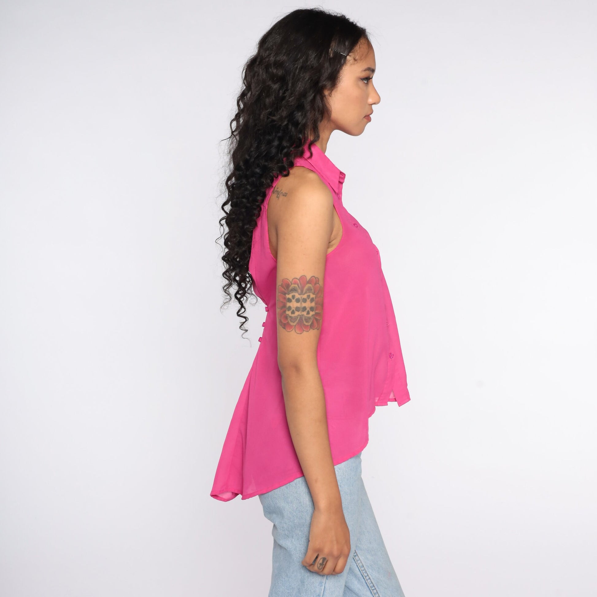 90s Sheer Pink Button-Up Tank Top Sleeveless Blouse Extra Small