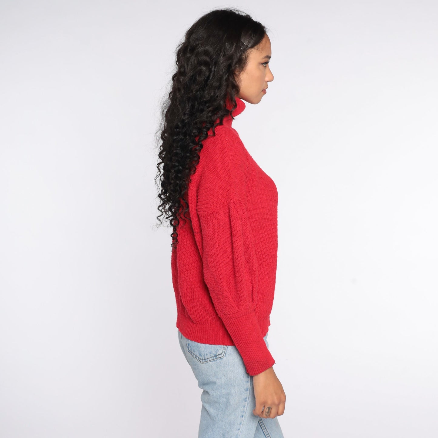 80s Red Mock Neck Balloon Sleeve Knit Sweater Medium