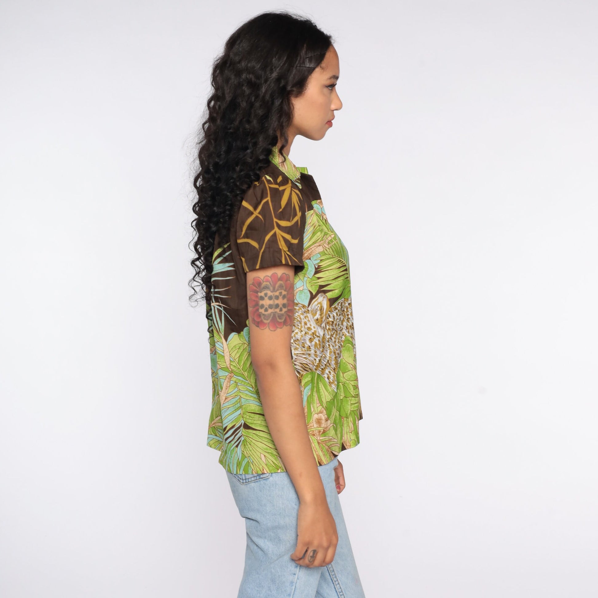 70s Leopard Print Button Up Shirt Puff Sleeve Tropical Blouse Brown Small