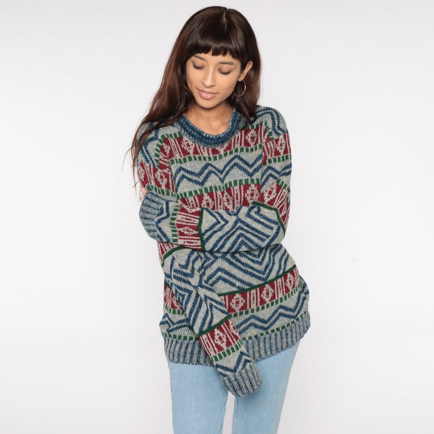 80s Geometric Wool Knit Sweater Grey Blue Red Striped Abstract Small Medium