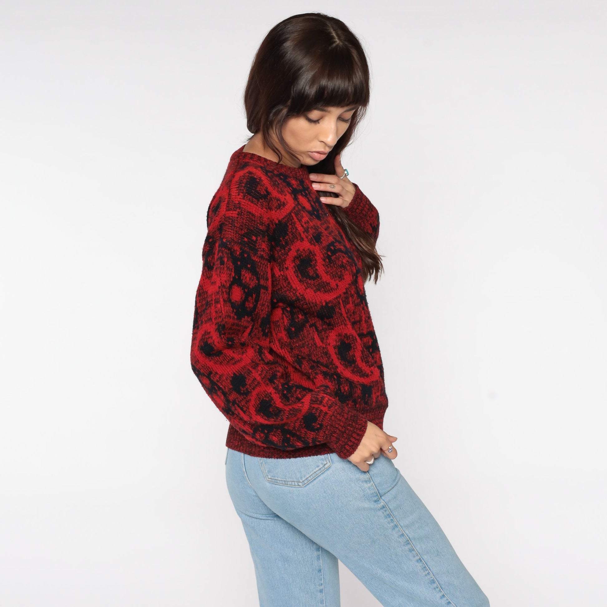80s Paisley Pullover Sweater Red Black Acrylic Knit Medium