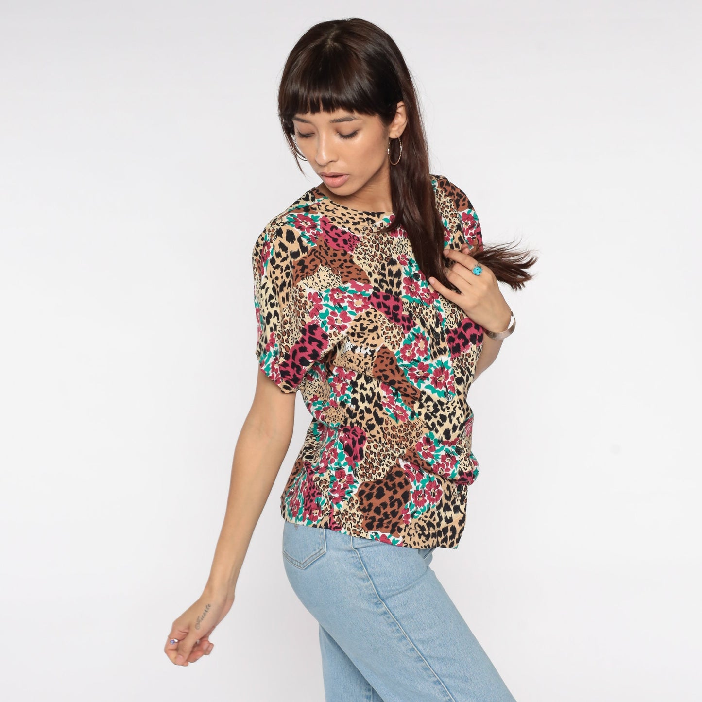 90s Leopard Floral Print Button-Up Blouse Short Sleeve Medium