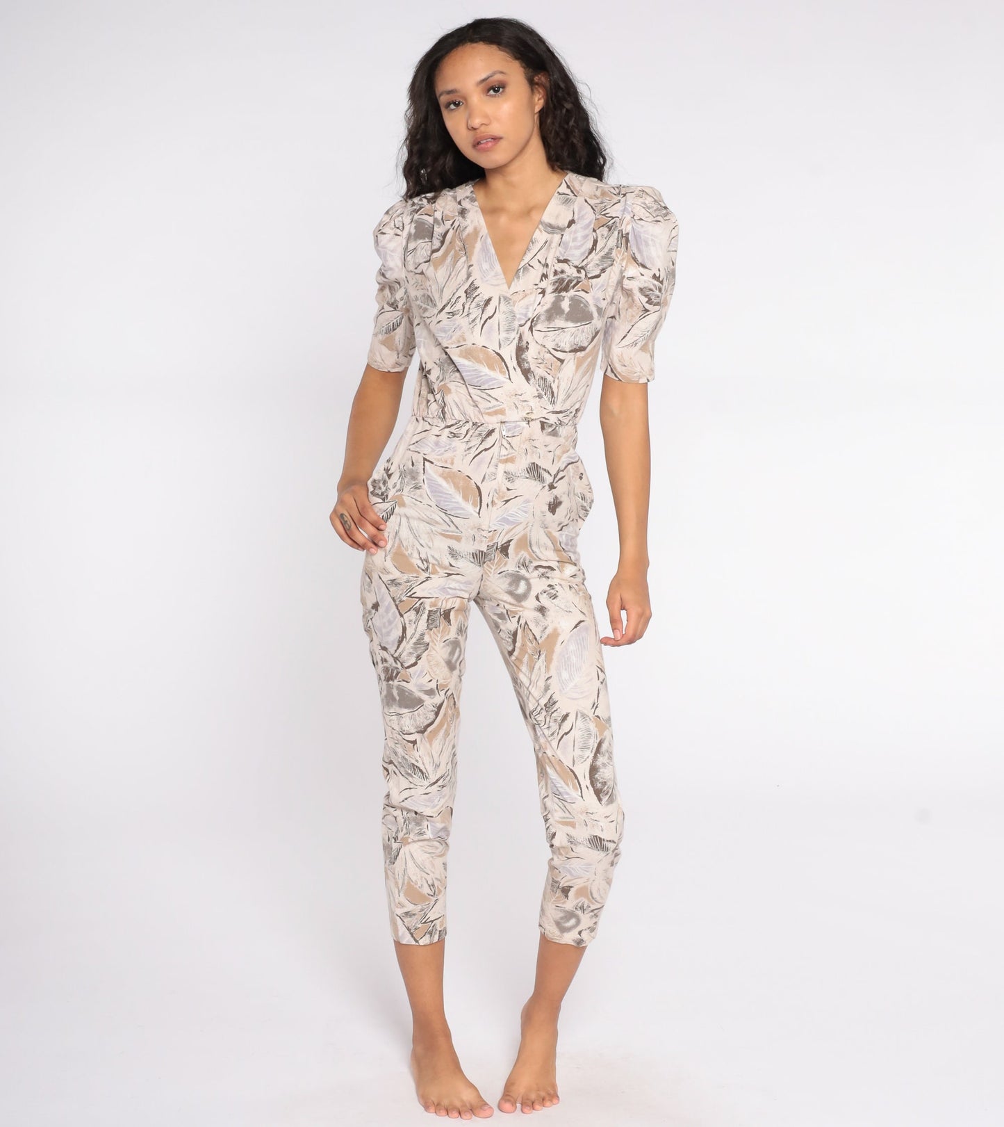 80s Tropical Leaf Print Jumpsuit Puff Sleeve Wrap Bodice Tan Extra Small