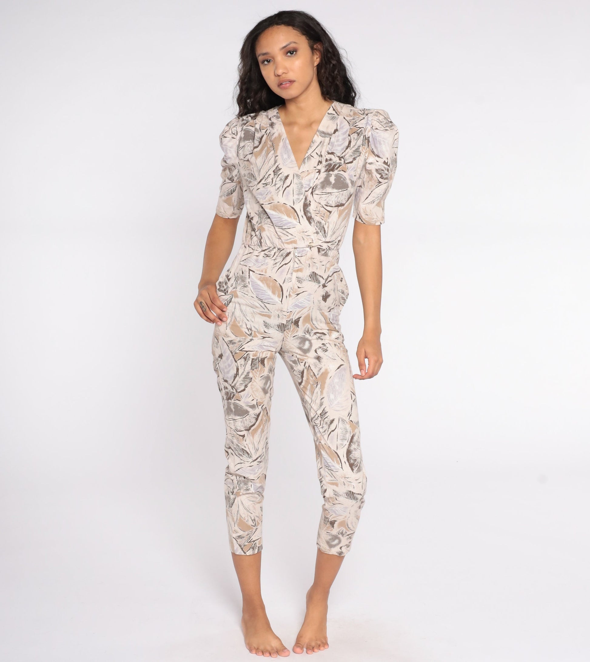 80s Tropical Leaf Print Jumpsuit Puff Sleeve Wrap Bodice Tan Extra Small