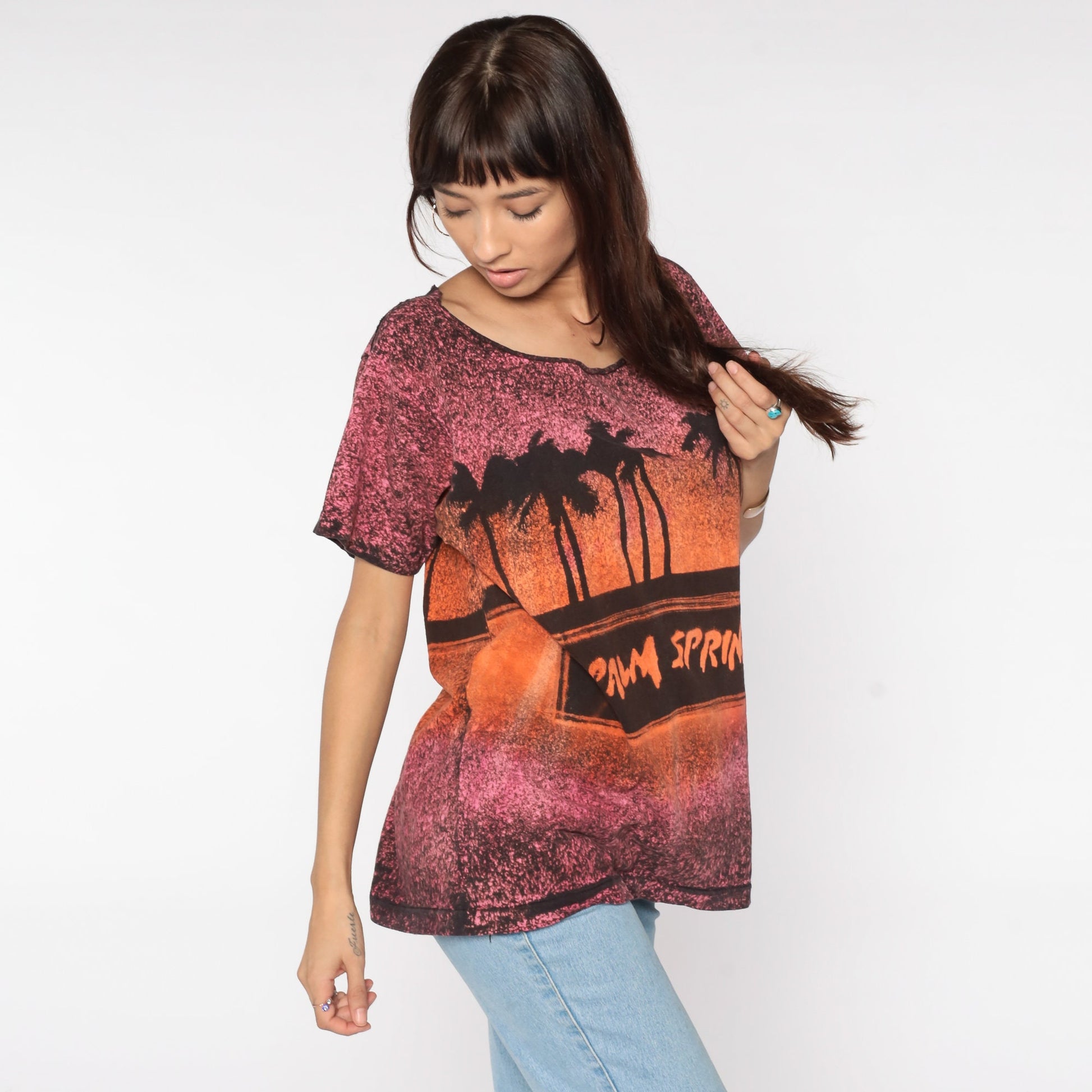 90s Palm Springs California Sunset Graphic T-Shirt Orange Pink Large