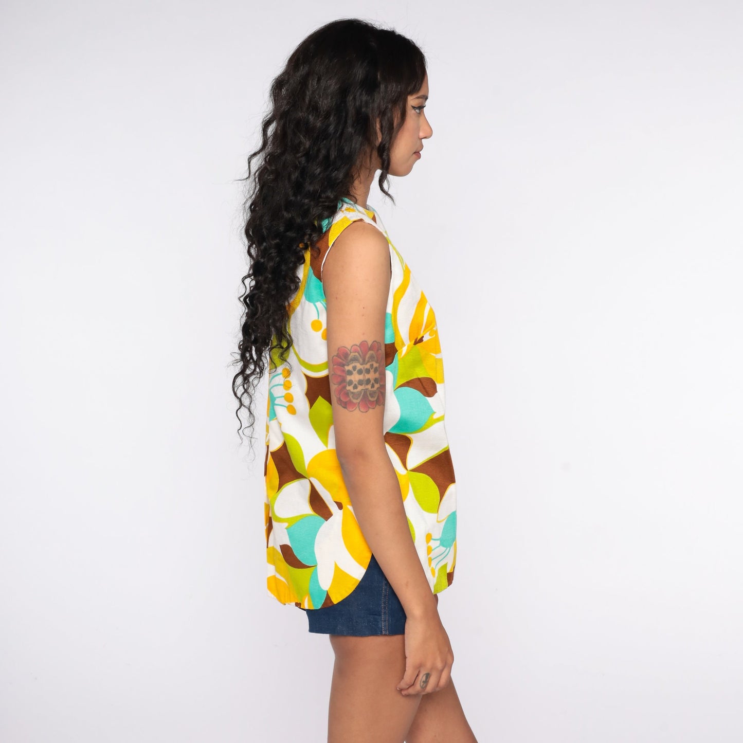70s Floral Tank Top Tropical Print Sleeveless Blouse Medium