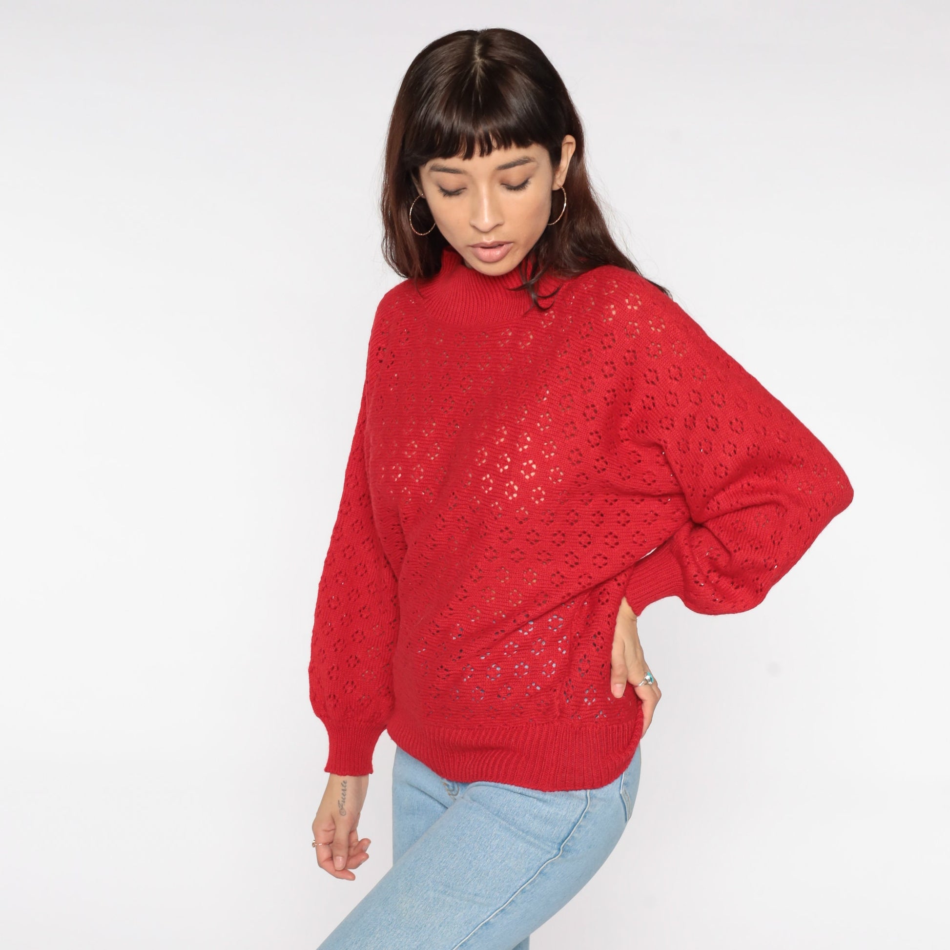 80s Red Crochet Sweater Dolman Sleeve Mock Neck Sheer Knit Medium