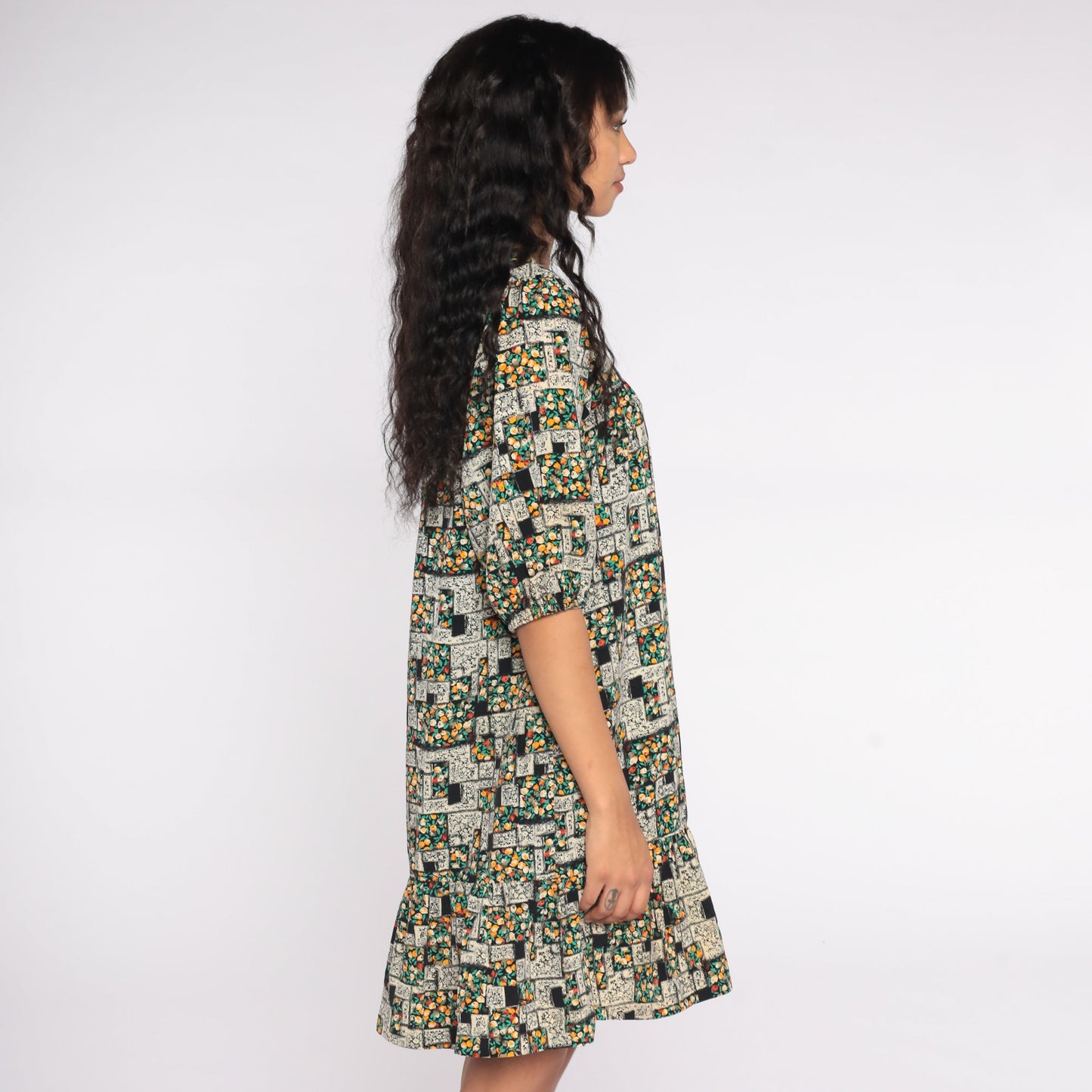 80s Floral Mini Dress Tent Cut Puff Sleeve Black Green Small S
