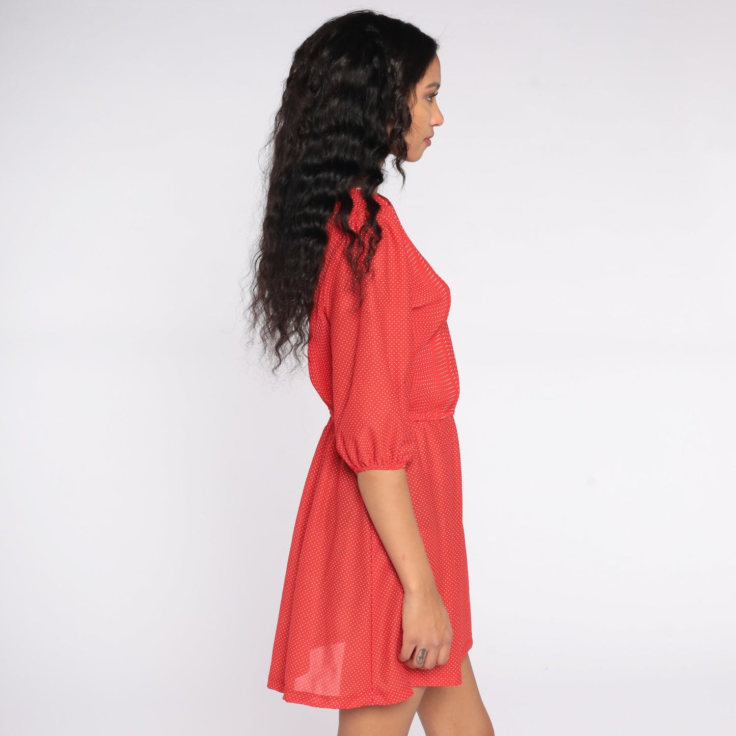80s Red Polka Dot Mini Dress Puff Sleeve High Waisted Medium