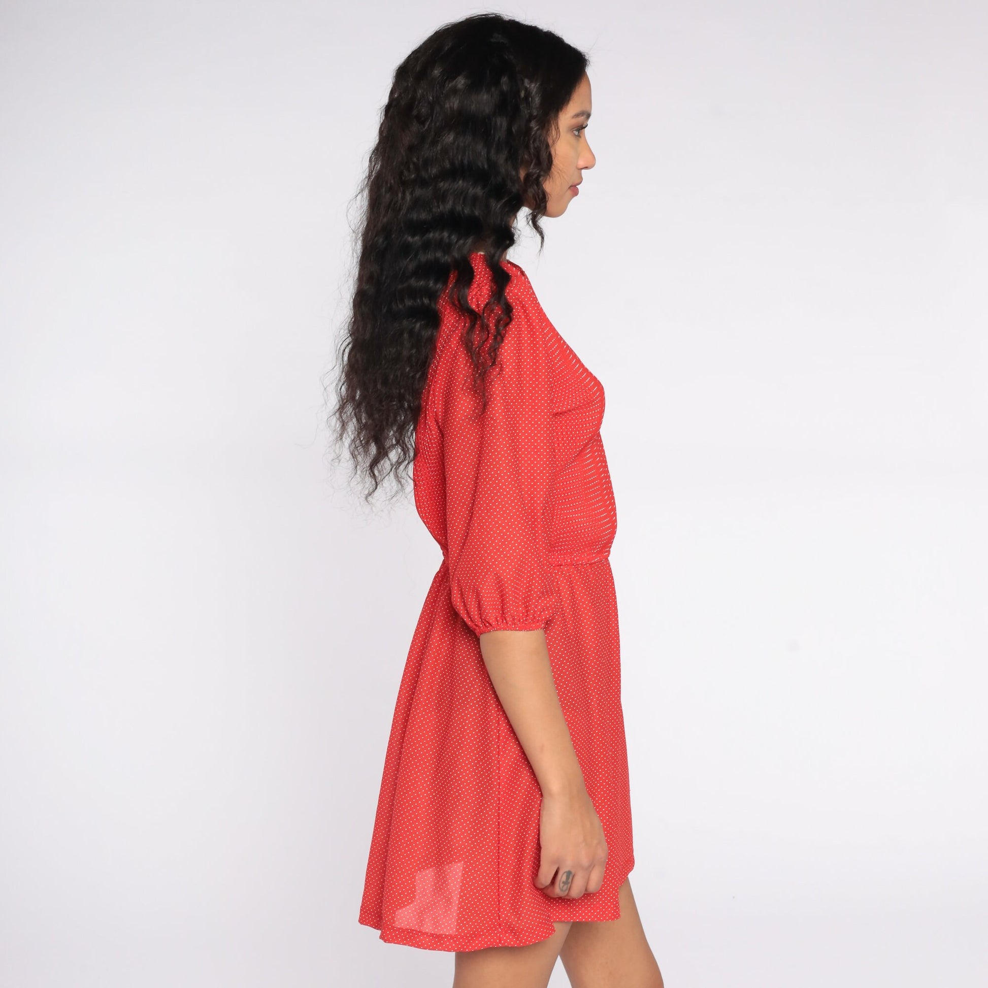 80s Red Polka Dot Mini Dress Puff Sleeve High Waisted Medium