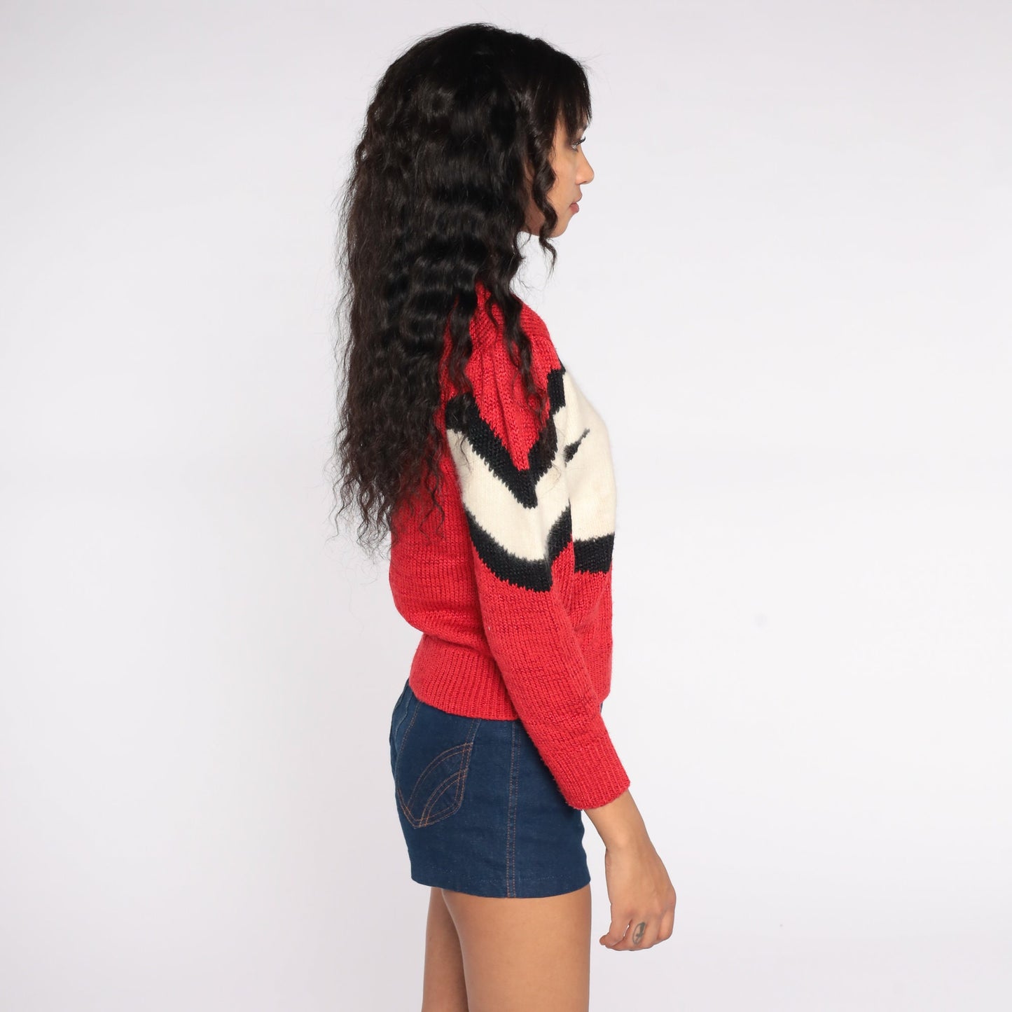 80s Puff Sleeve Sweater Red Cream Stripe Angora Wool Blend Knit Small