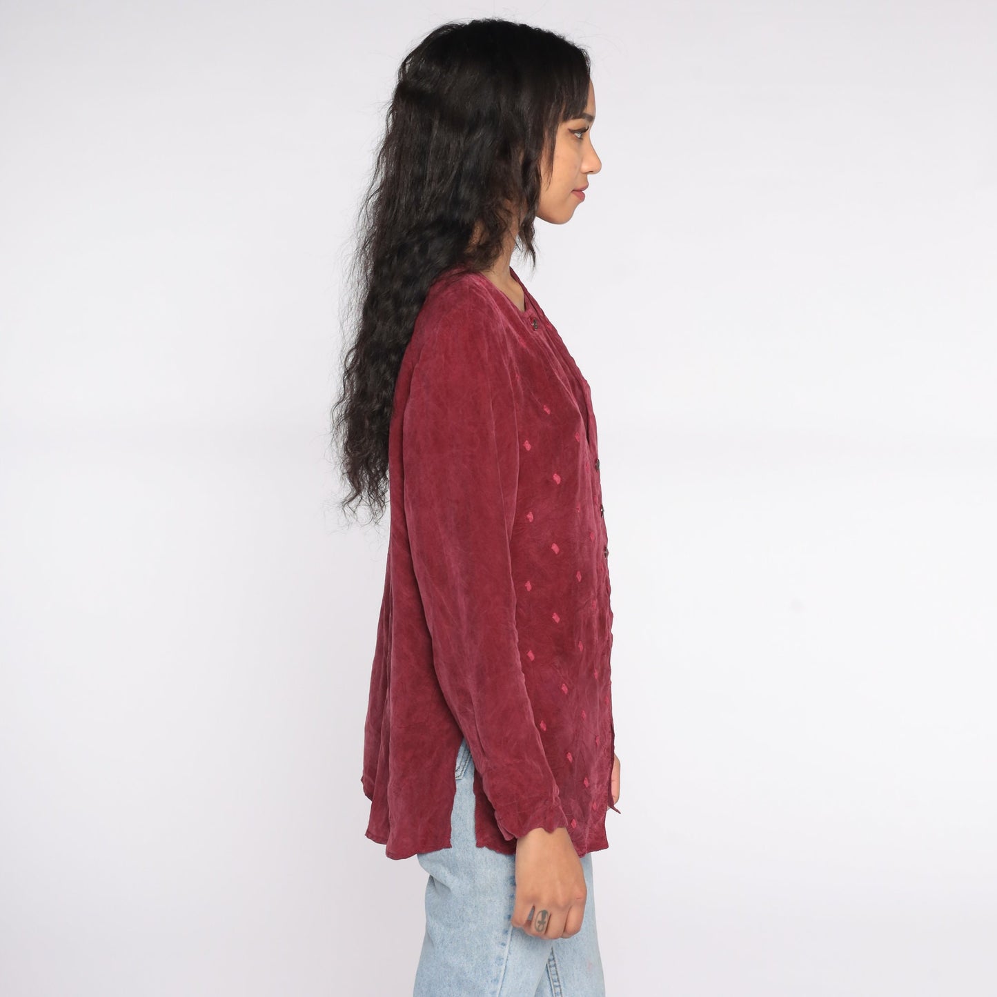 90s Burgundy Button Up Blouse with Attached Vest Rayon Medium