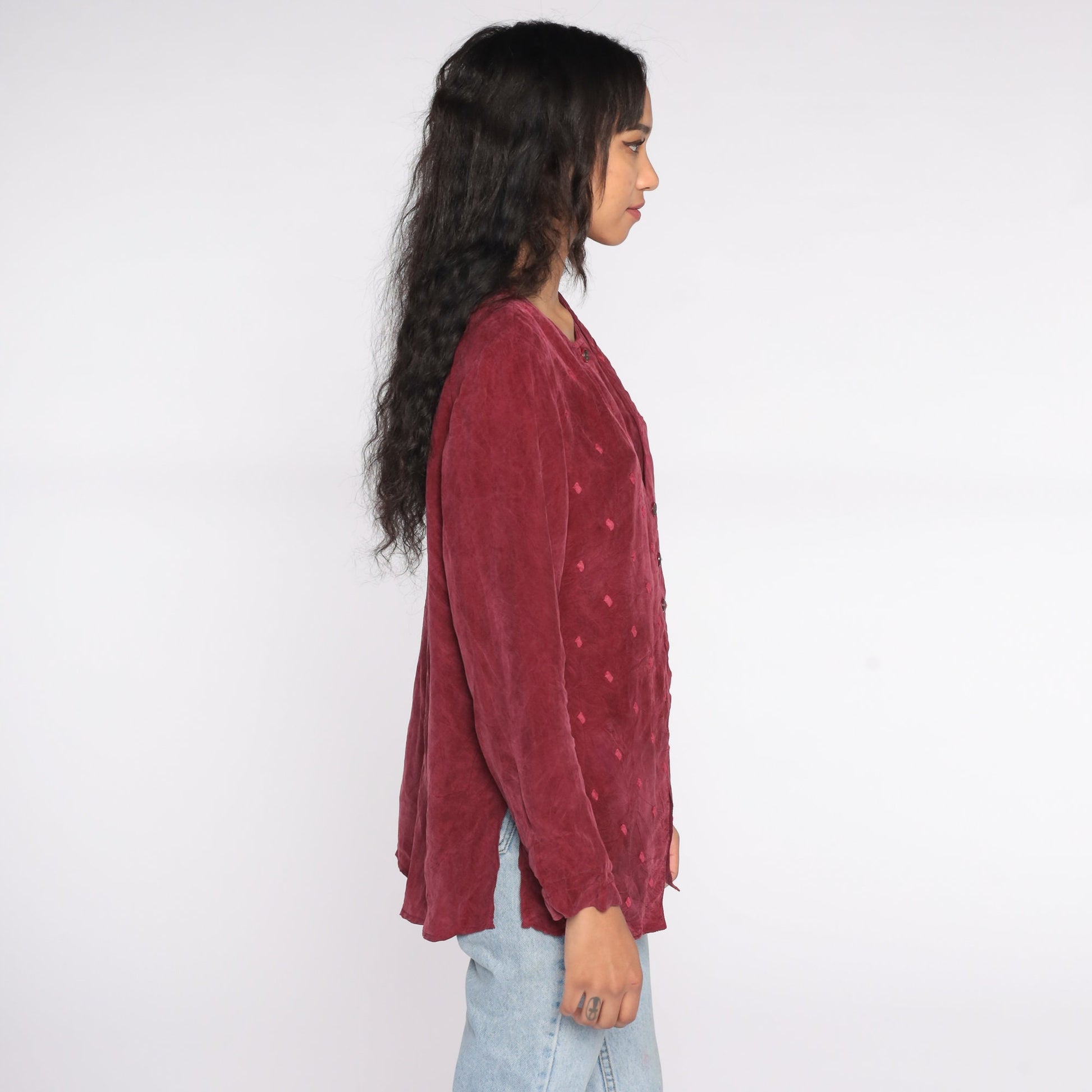 90s Burgundy Button Up Blouse with Attached Vest Rayon Medium