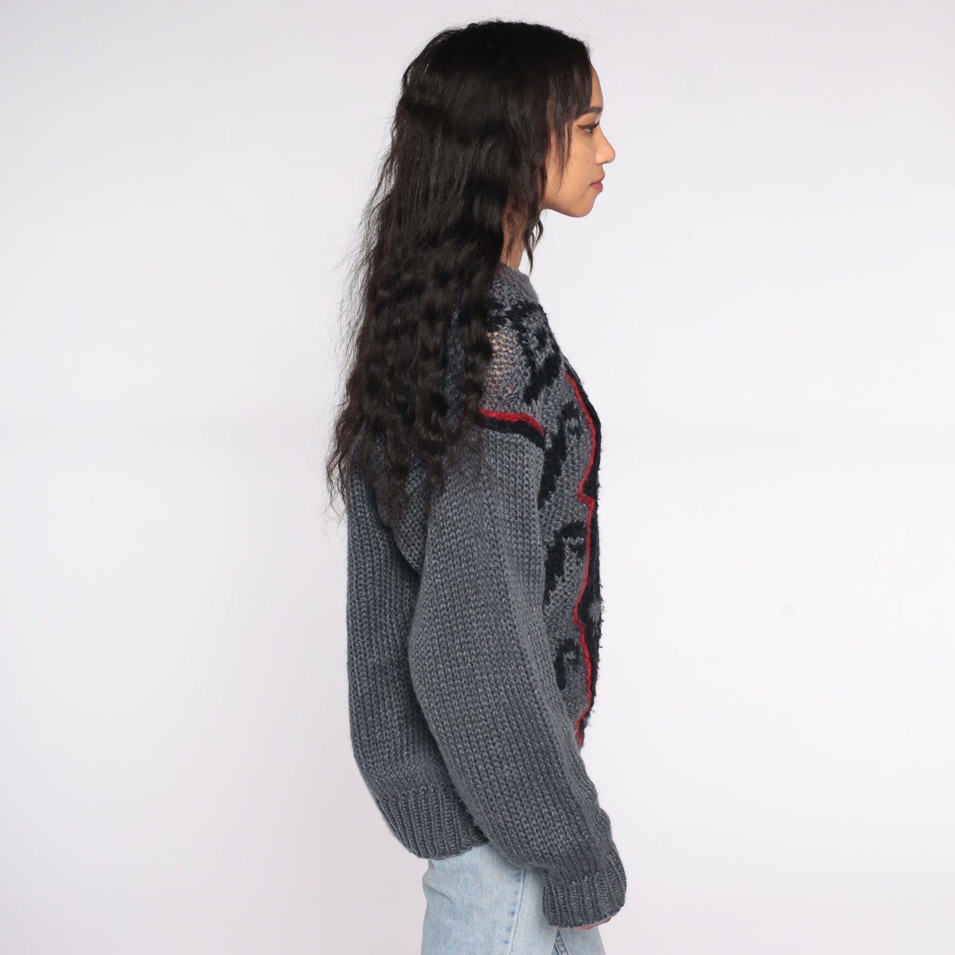 80s Geometric Abstract Sweater Grey Black Semi-Sheer Knit Pullover Extra Large