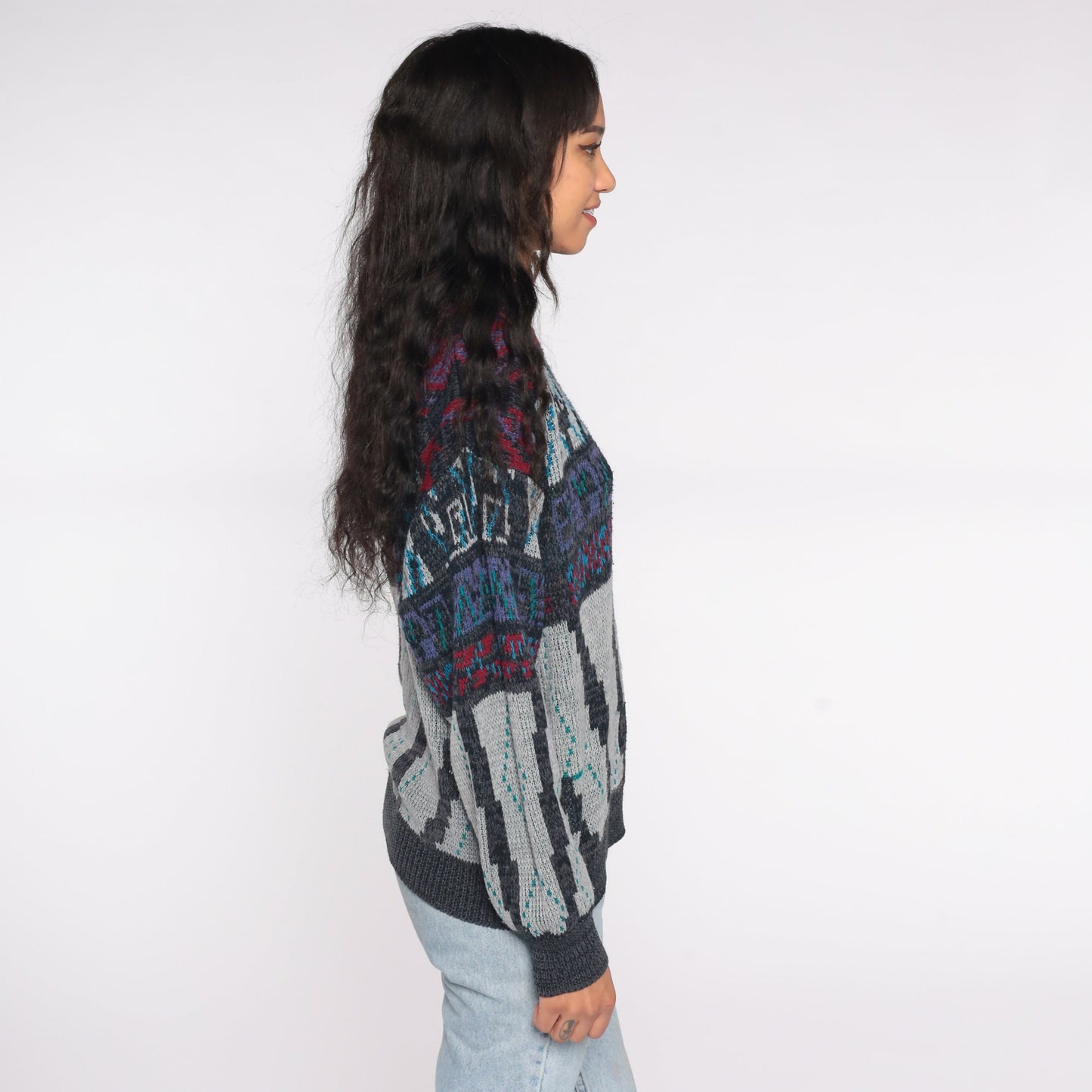 90s Geometric Sweater Charcoal Grey Red Knit Crewneck Large
