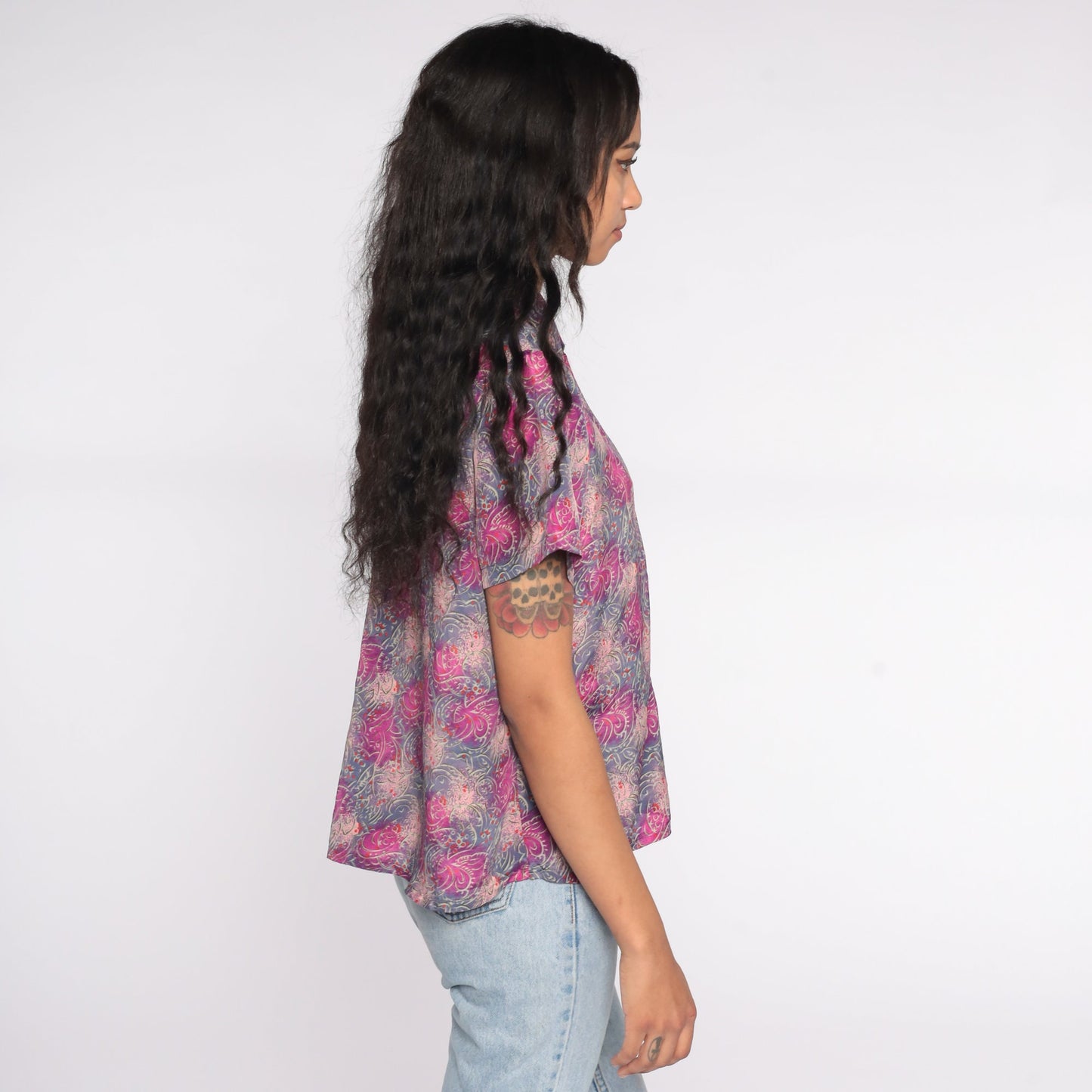 80s Abstract Print Button Up Shirt Purple Pink Psychedelic Short Sleeve Large