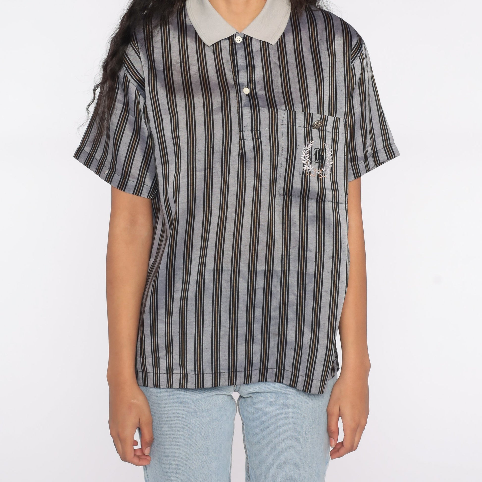 90s Striped Polo Shirt Embroidered G Crest Grey Black Gold Large