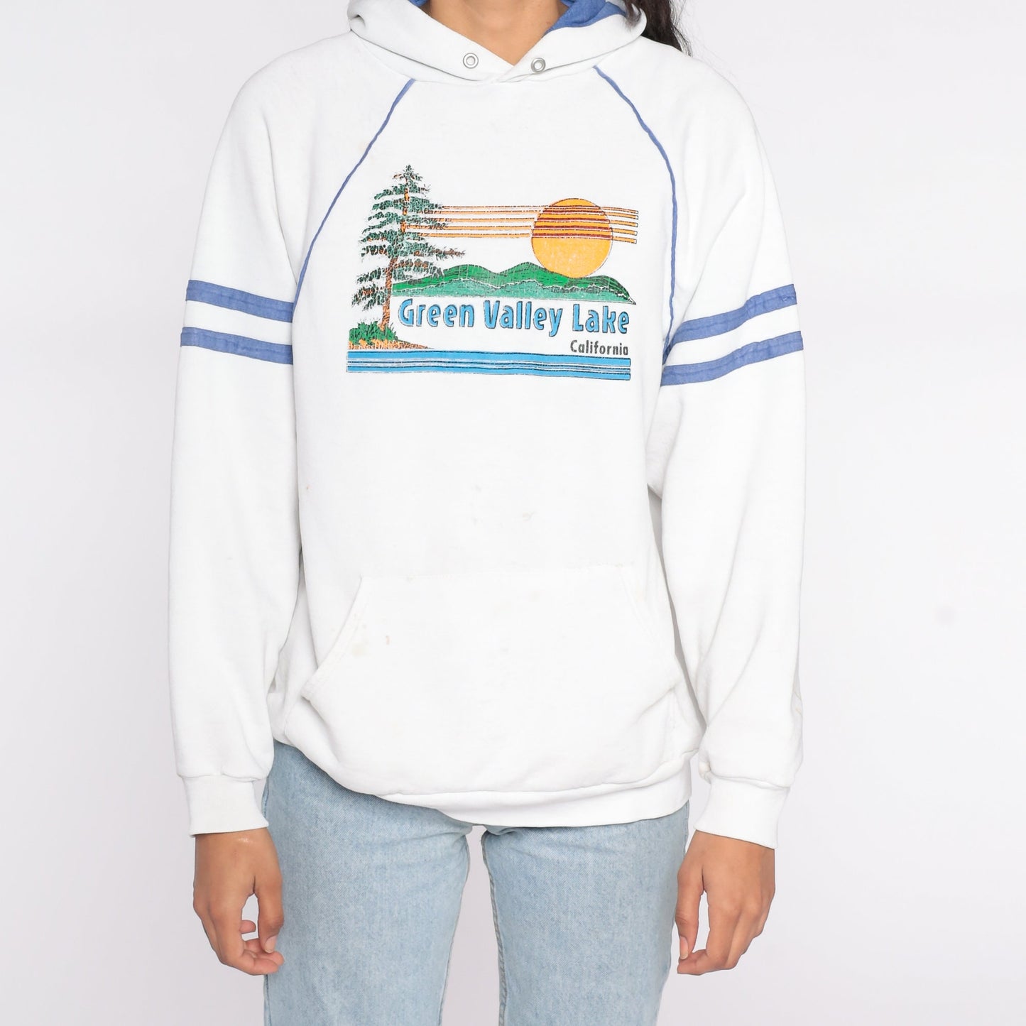 80s Green Valley Lake California Hoodie Sweatshirt Sunset Nature Print Large