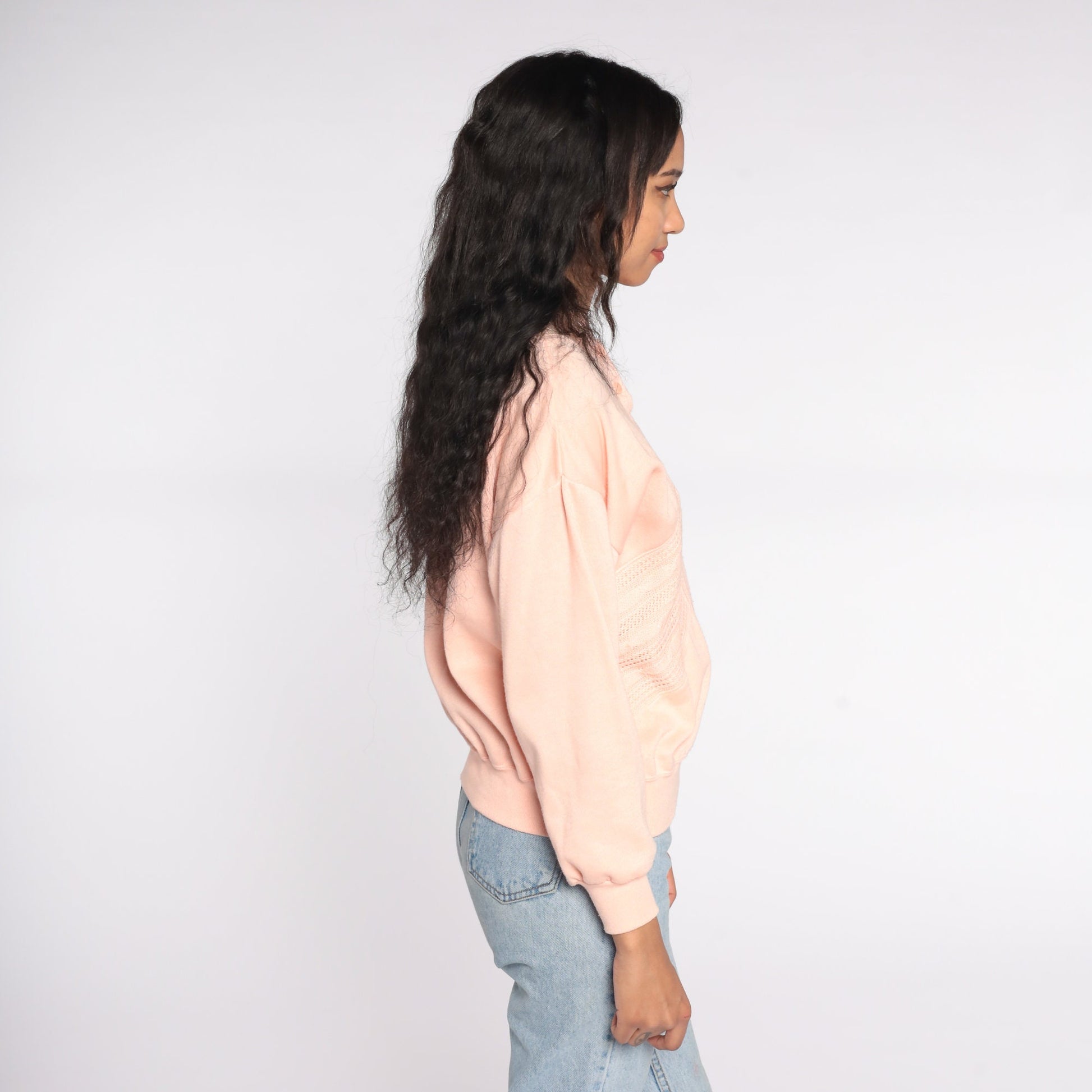 80s Peach Henley Sweatshirt Button Neck Long Sleeve Knit Small S