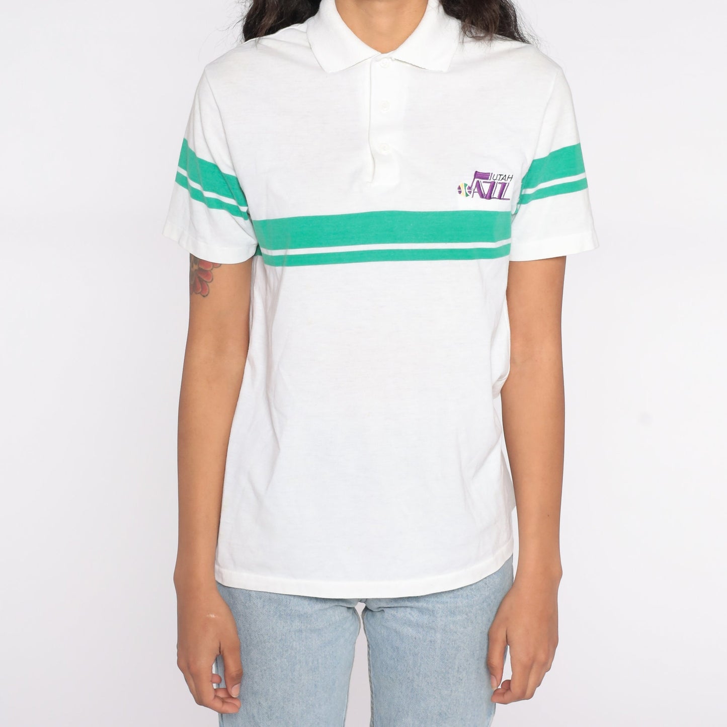 80s Utah Jazz NBA Polo Shirt White Green Striped Half Button Medium