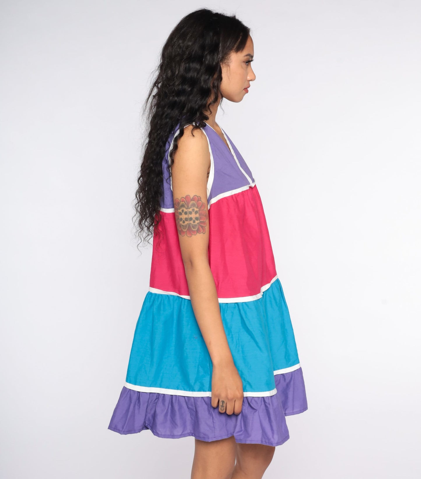 80s Color Block Mini Tank Dress Pink Purple Striped Tent Cut Large L