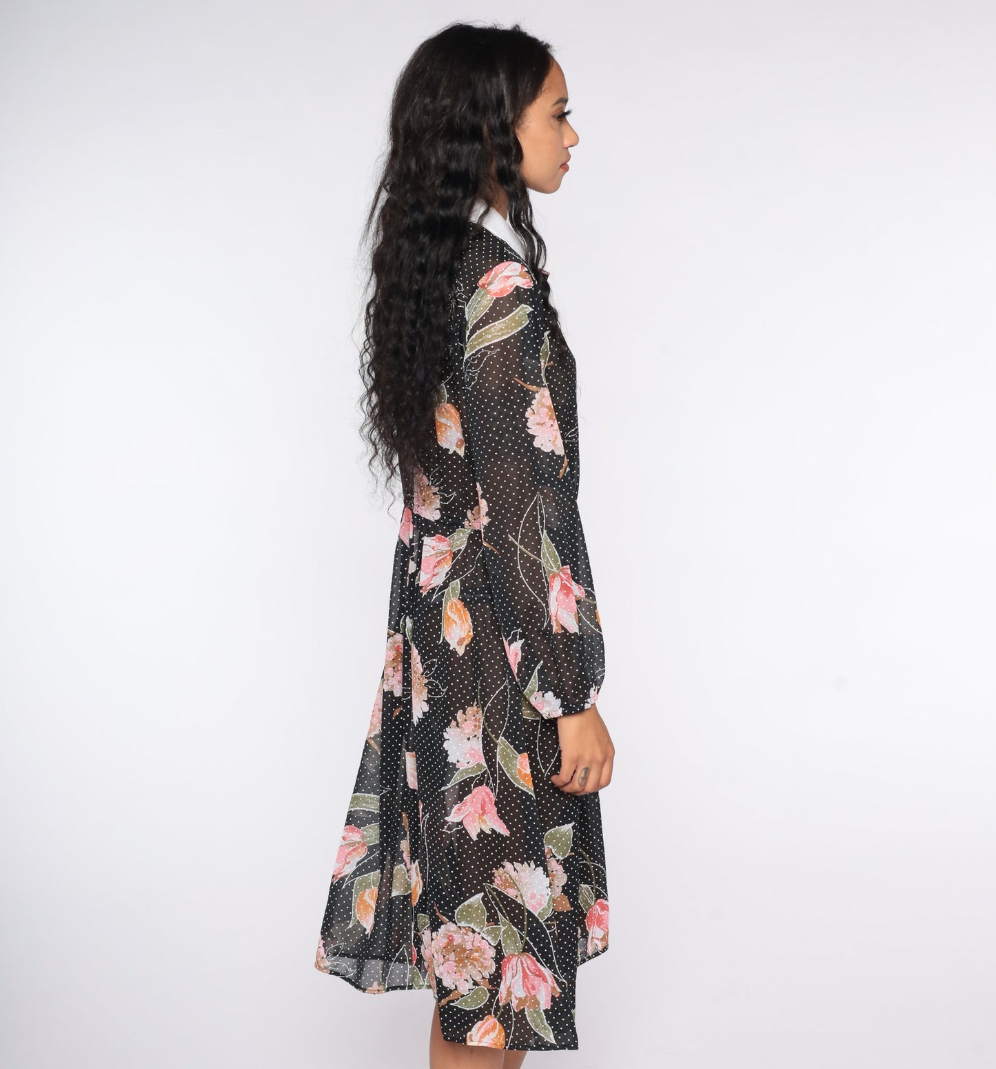 80s Black Floral Sheer Midi Dress Long Sleeve Button Up High Waist Large