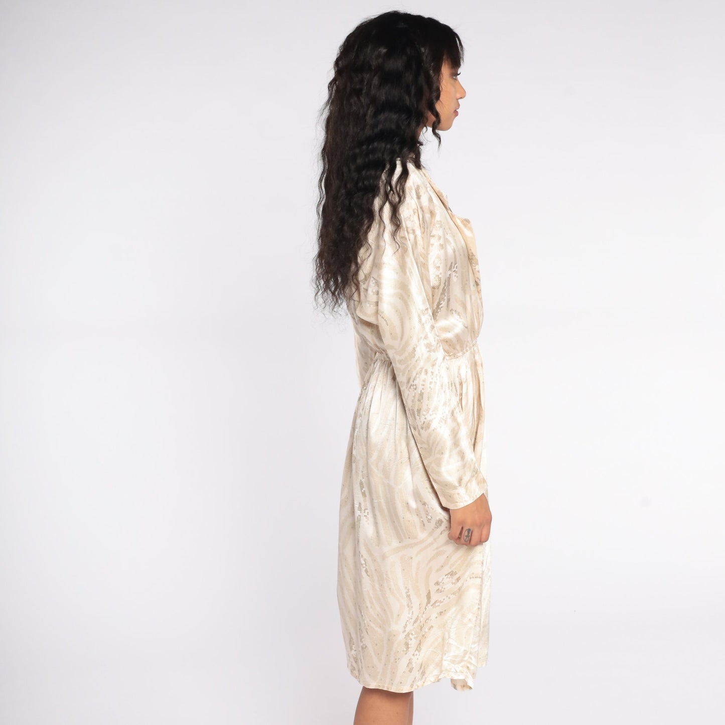 80s Leslie Fay Wrap Dress Geometric Print Midi Dolman Sleeve Deep V Small