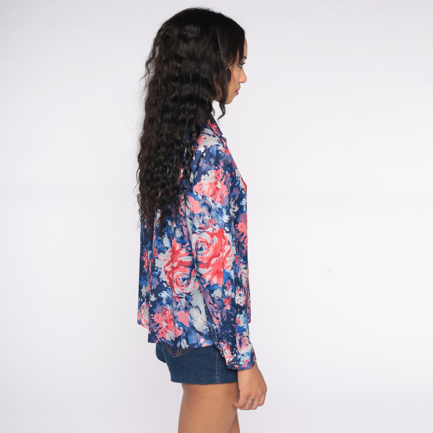70s Watercolor Rose Print Button-Up Shirt Blue Red Long Sleeve Large