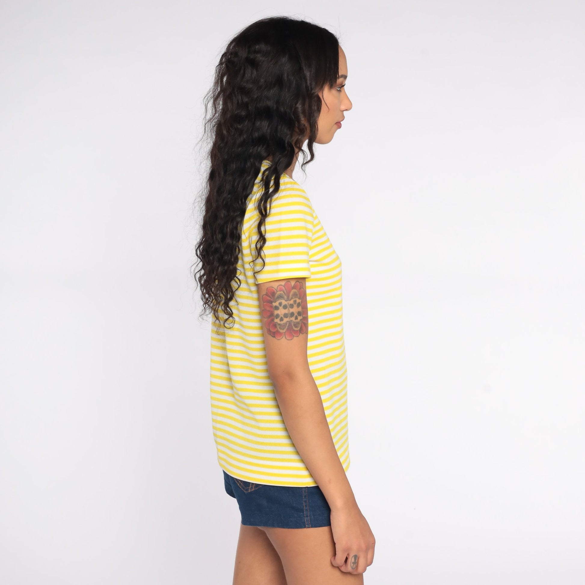 70s Yellow White Striped Scoop Neck T-Shirt Short Sleeve Vintage Tee Small