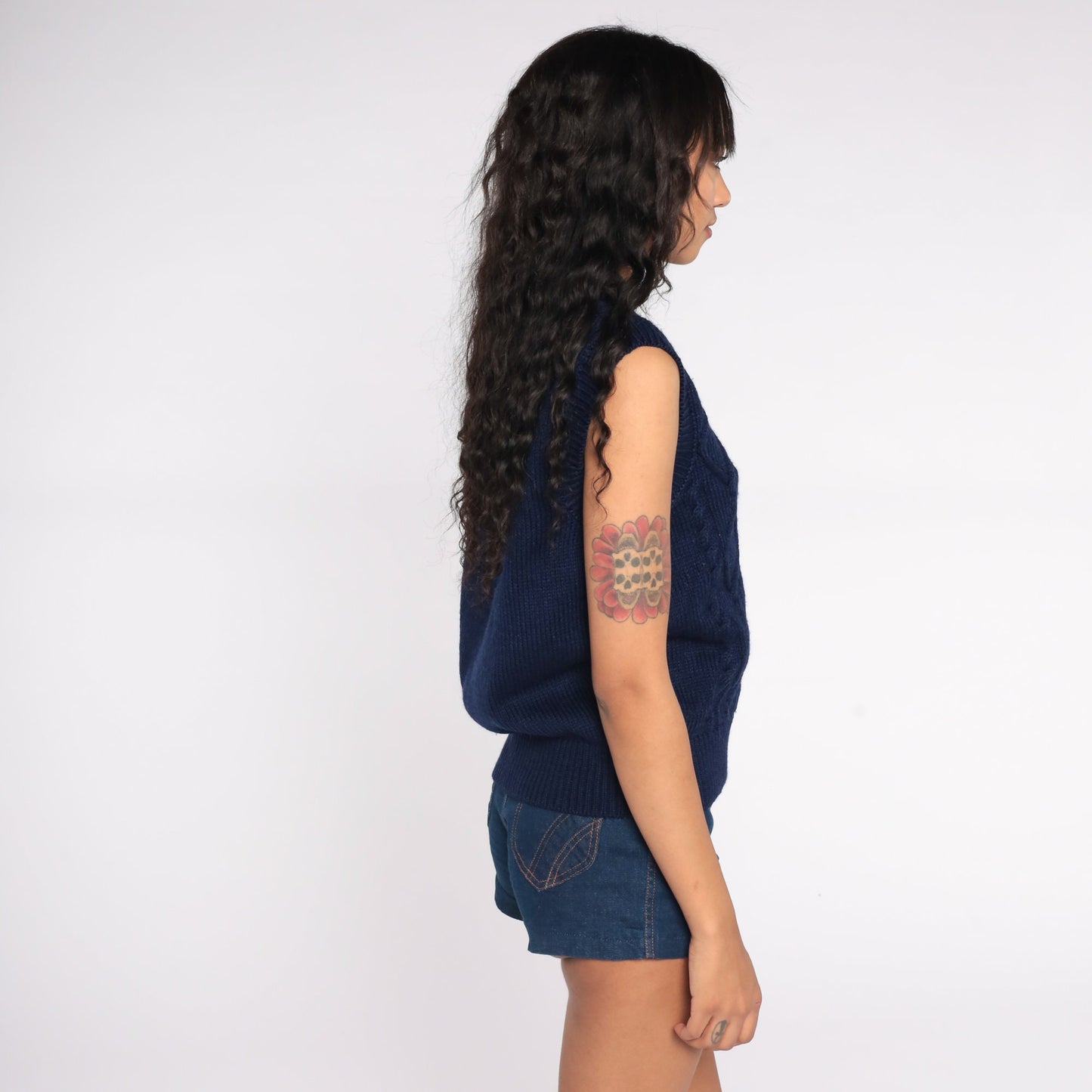 80s Navy Cable Knit Sweater Vest Sleeveless V-Neck Medium