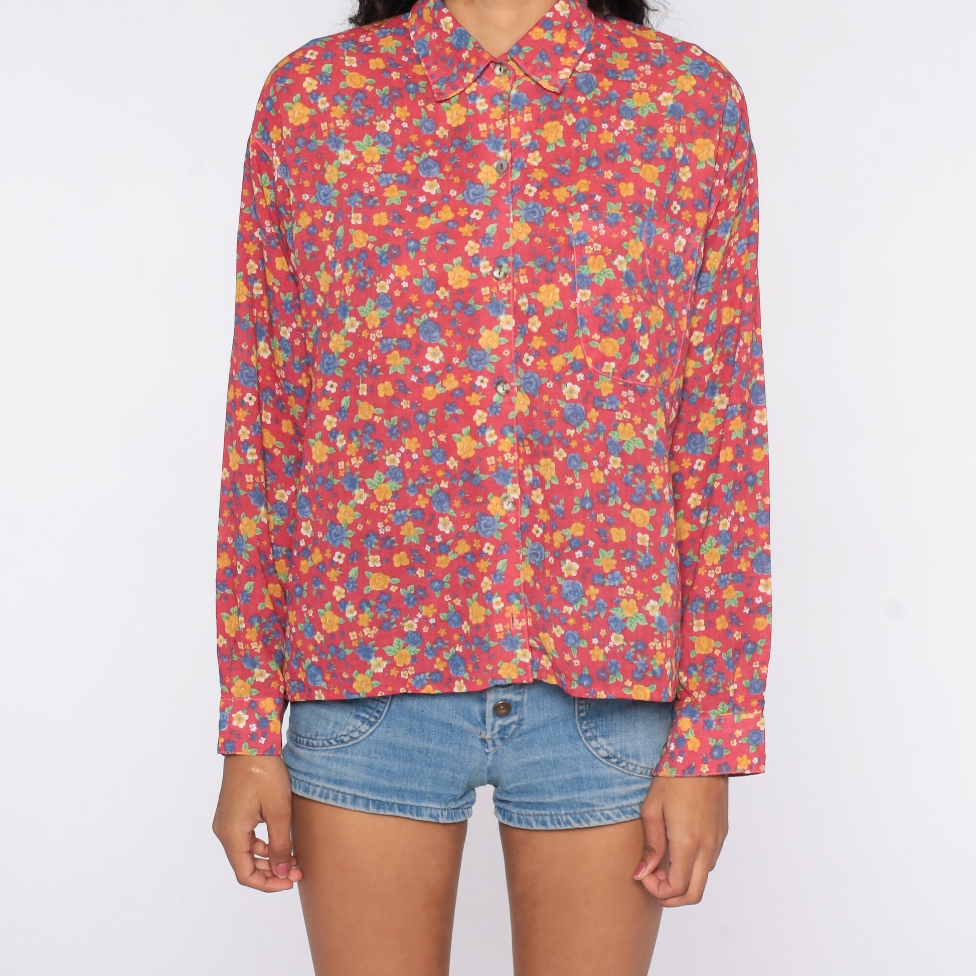 80s Pink Floral Button-Up Blouse Long Sleeve Vintage Shirt Extra Large XL
