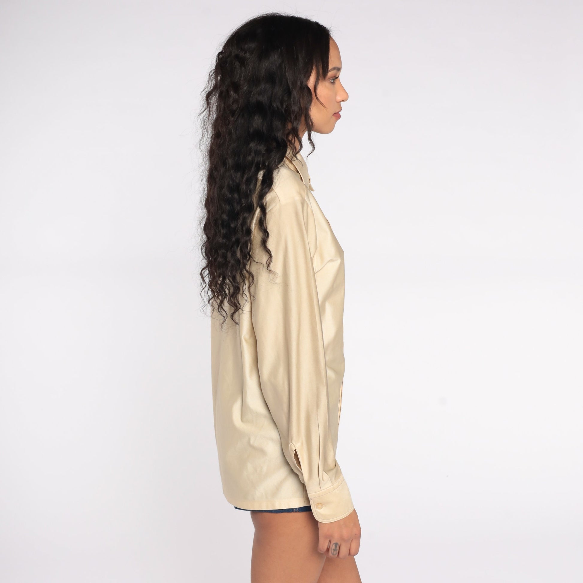 70s JC Penney Champagne Dagger Collar Button-Up Shirt Long Sleeve Medium