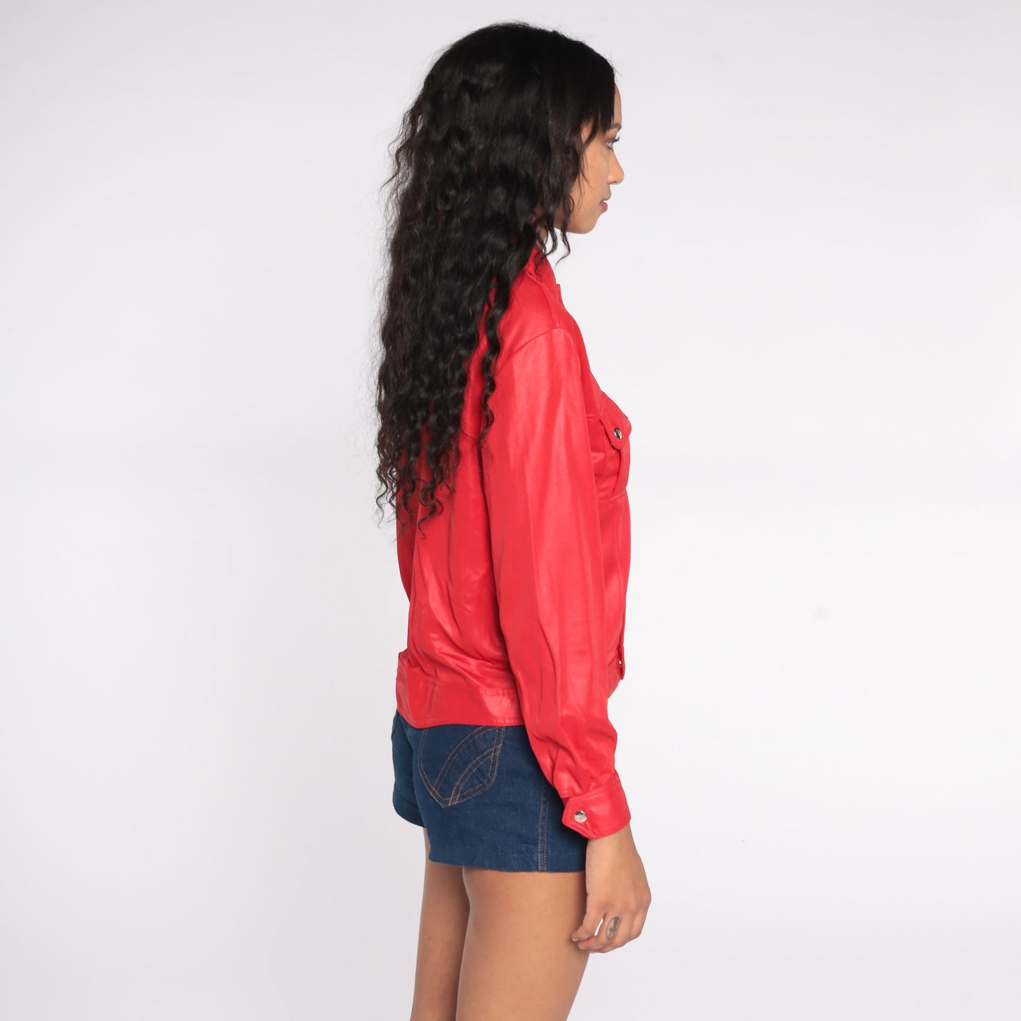70s Red Shimmery Biker Blouse Snap-Front Long Sleeve Shirt Small