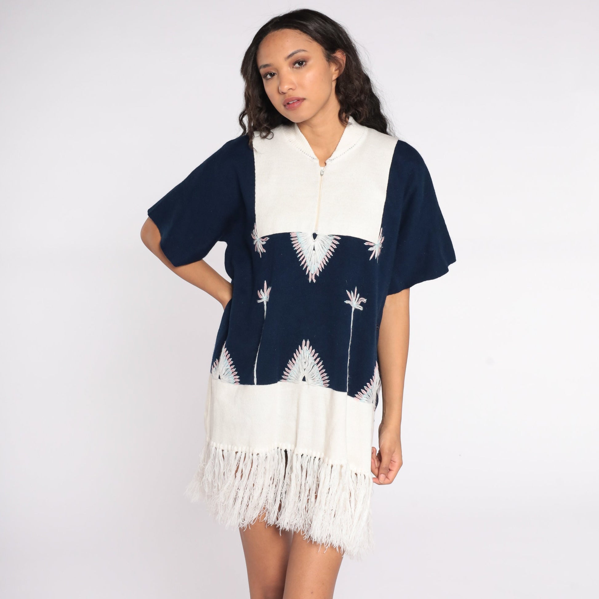 70s Navy Knit Poncho Sweater Floral Embroidery Fringe Shawl Medium Large