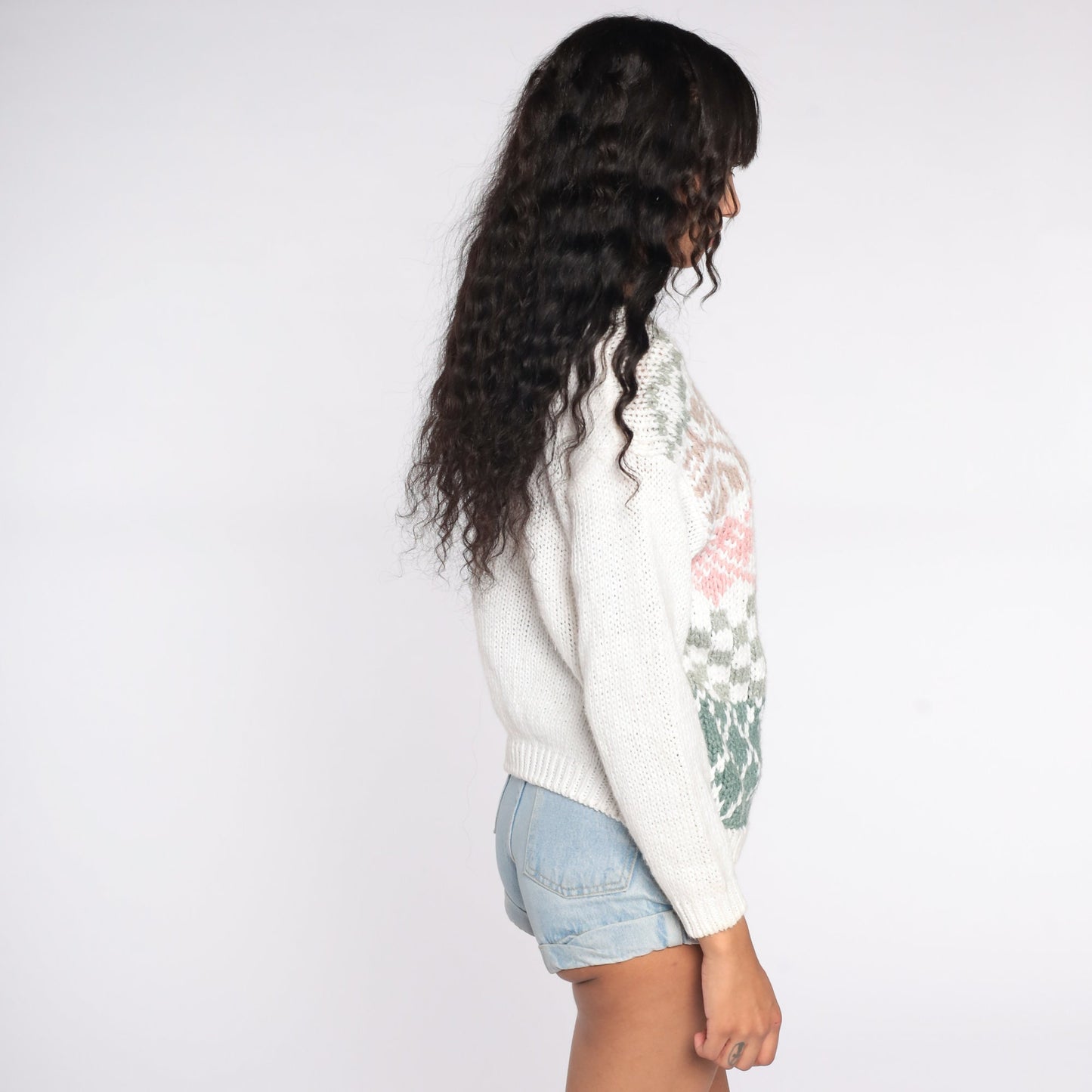 90s White Embroidered Rose Knit Sweater Checkered Argyle Pullover Medium