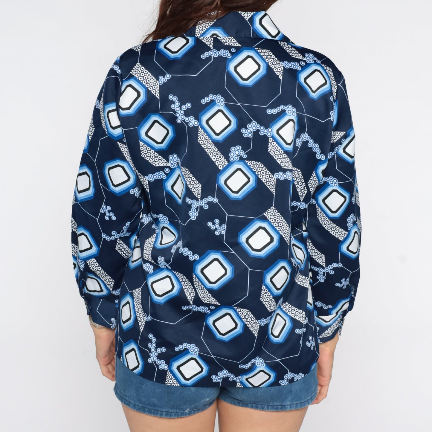 70s Geometric Blue Dagger Collar Button-Up Shirt Long Sleeve Large L