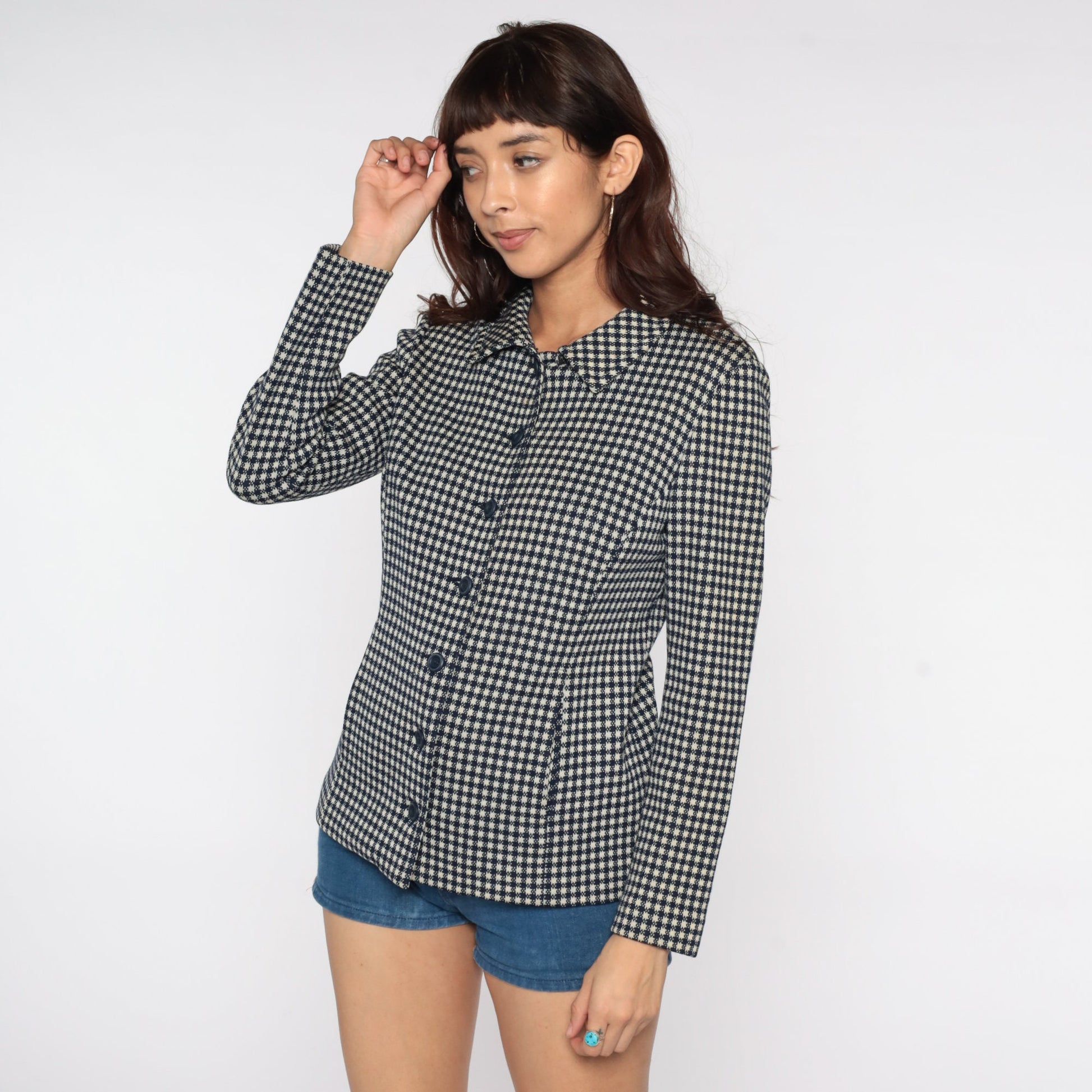 60s Navy Plaid Wool Blazer Jacket Mod Checkered Small