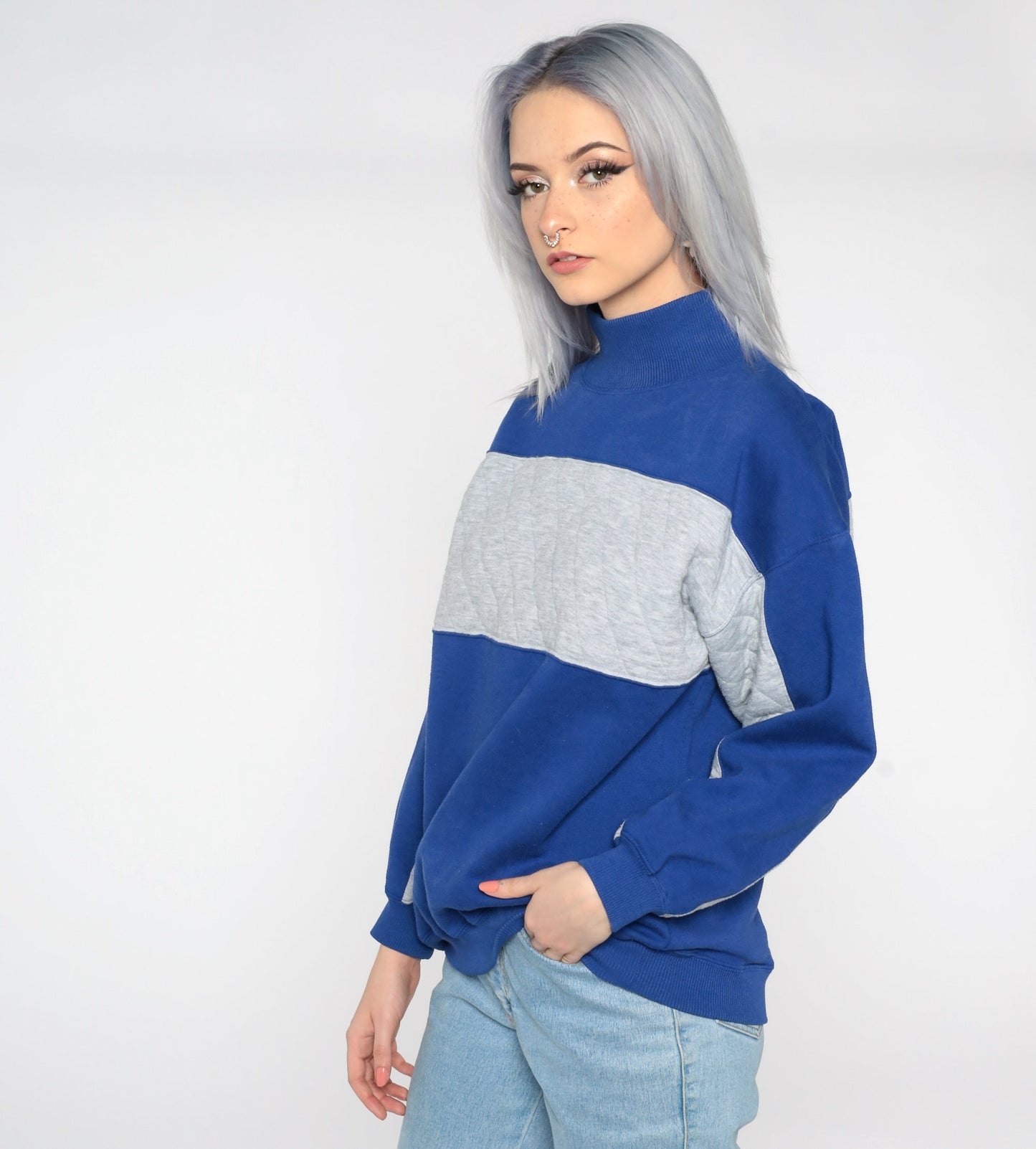 90s Navy Blue Grey Quilted Color Block Sweatshirt Funnel Neck Small