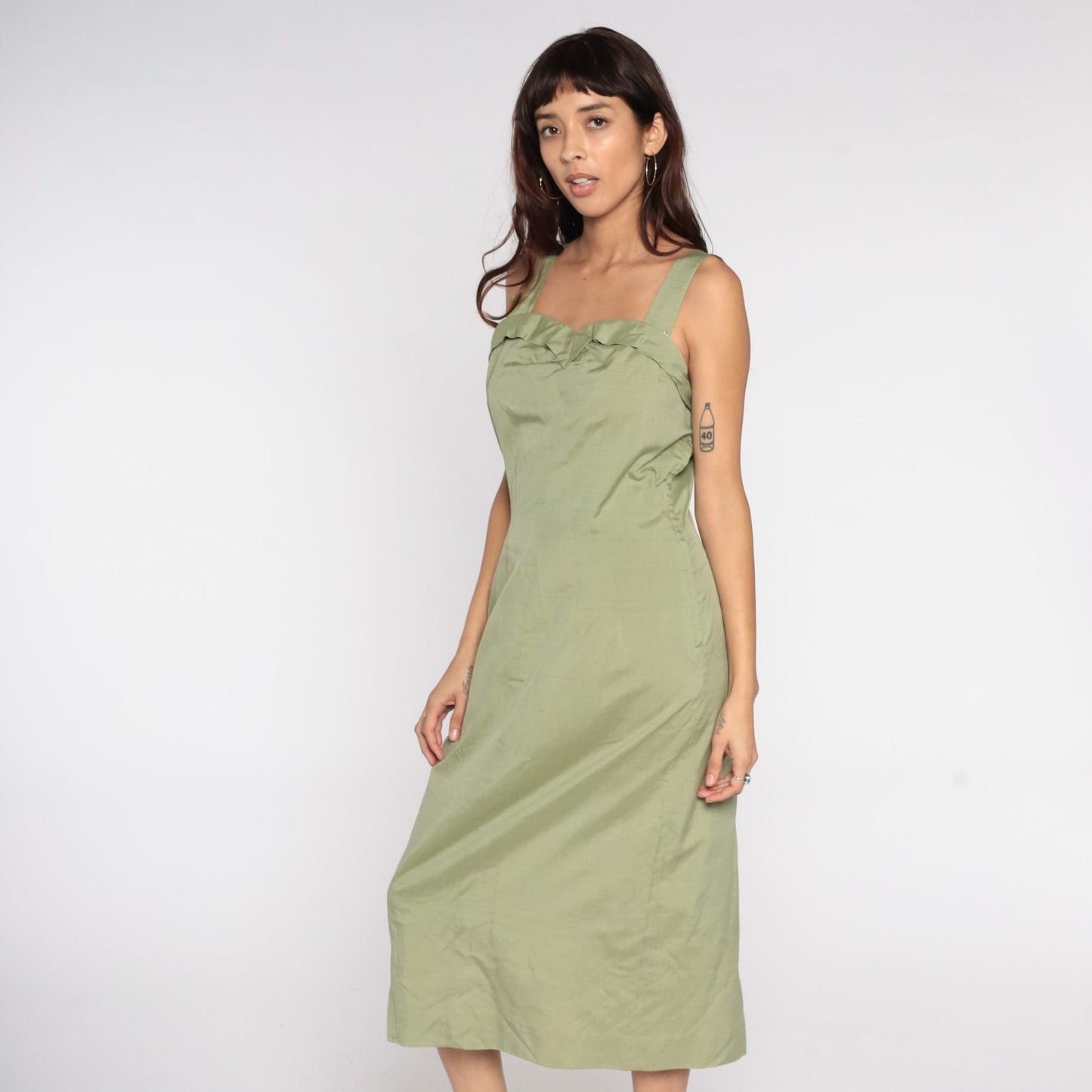 1950s Avocado Green Pencil Dress Sleeveless Tank Sheath Midi Large