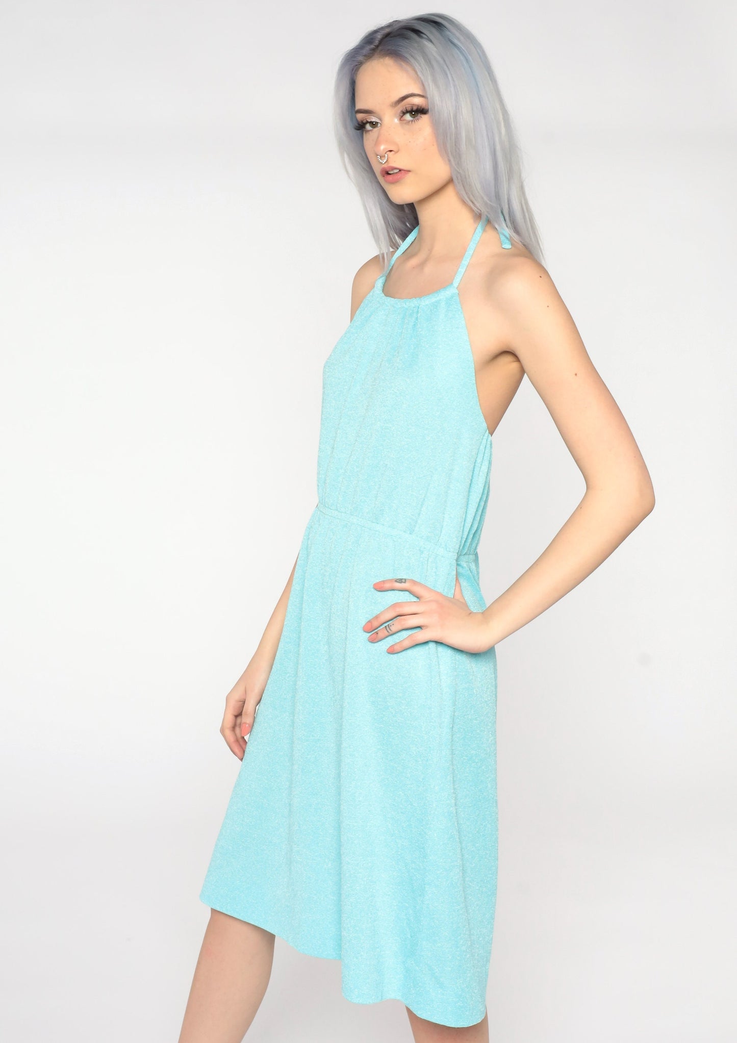 70s Aqua Blue Halter Midi Sundress High Waist Small Medium